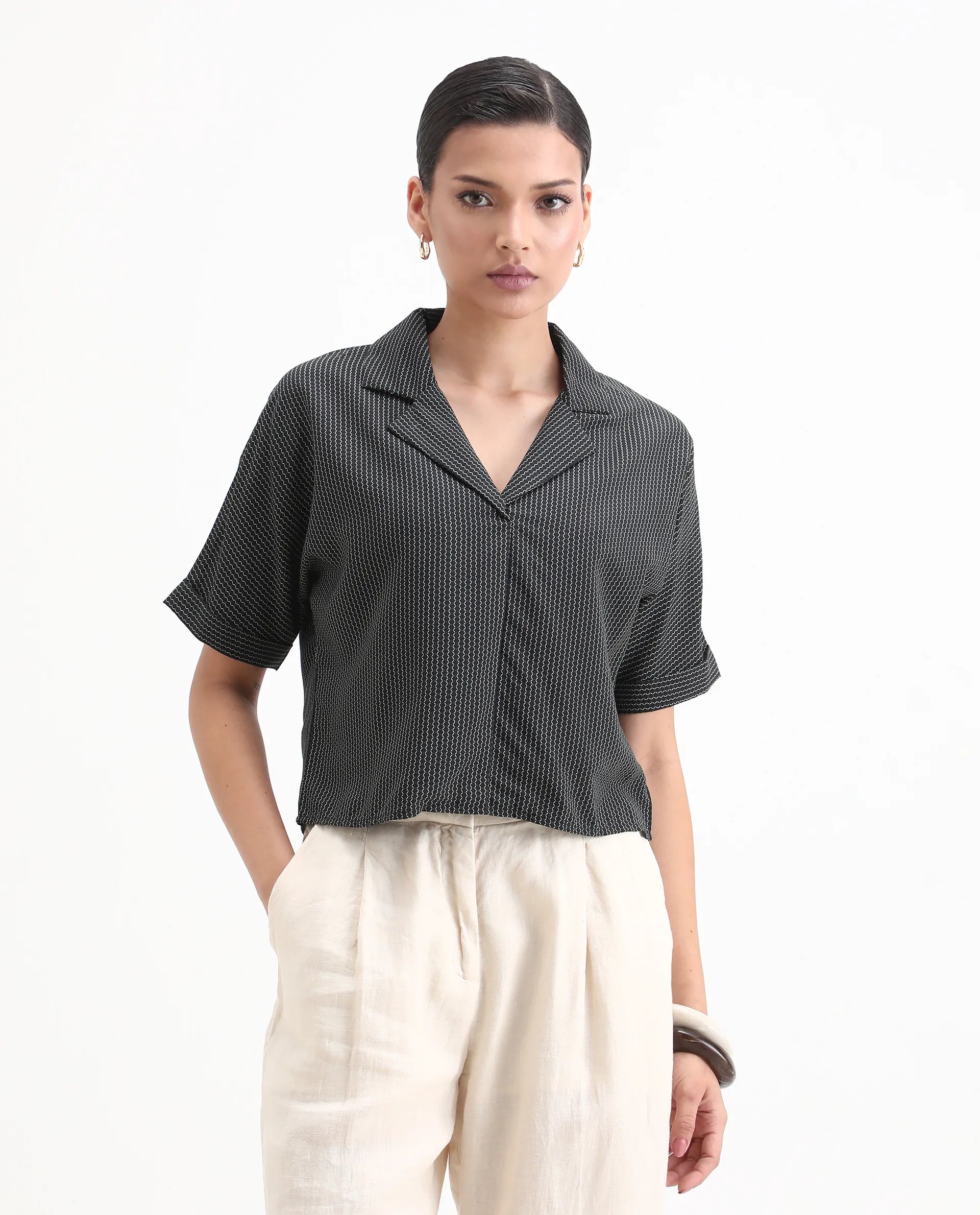 Rareism Women's Elnin Black Viscose Extended Sleeves Lapel Neck Regular Fit Top