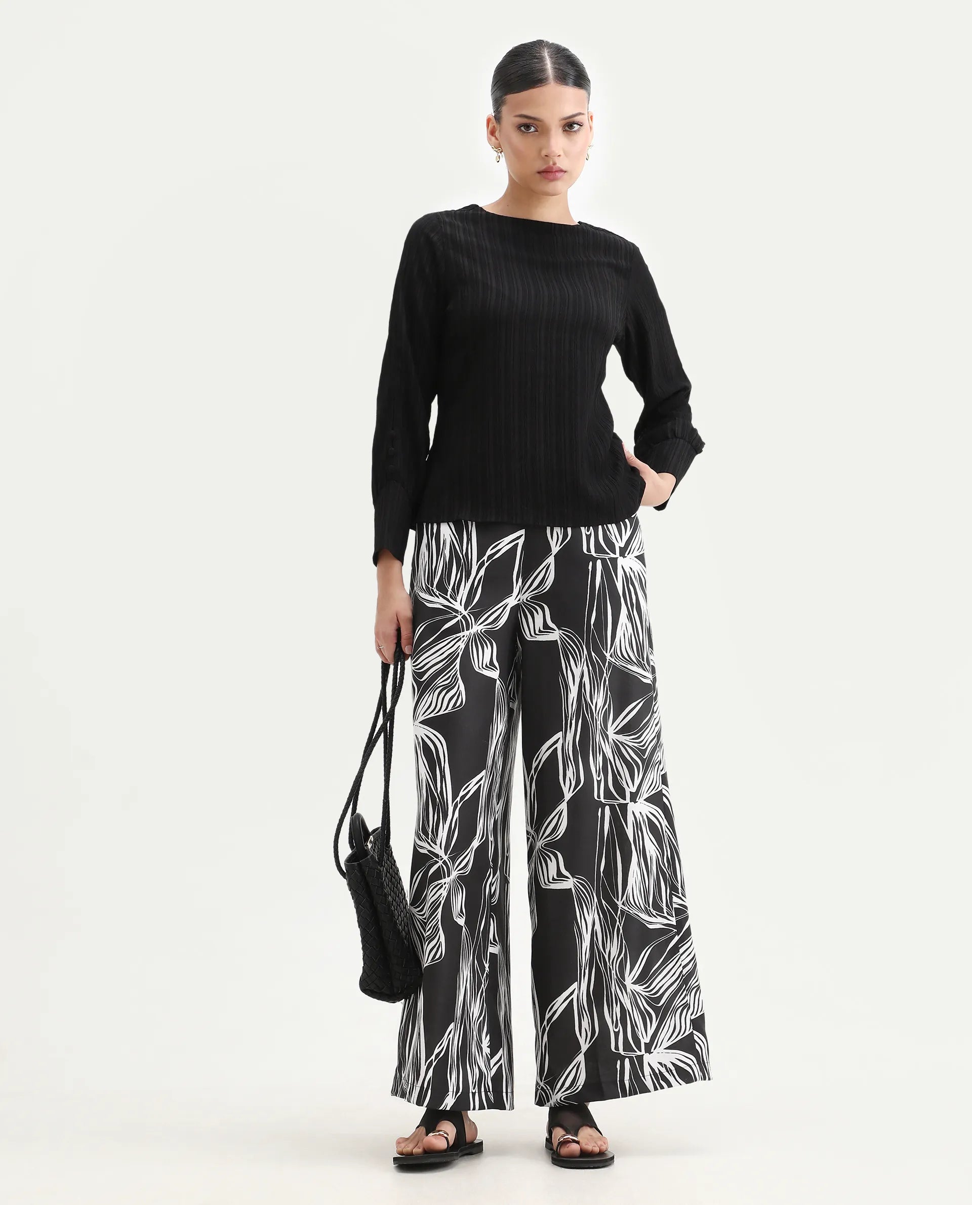 Rareism Women's Eloff-B Black Polyester Zipper Closure Wide Ankle Length Abstract Print Trouser