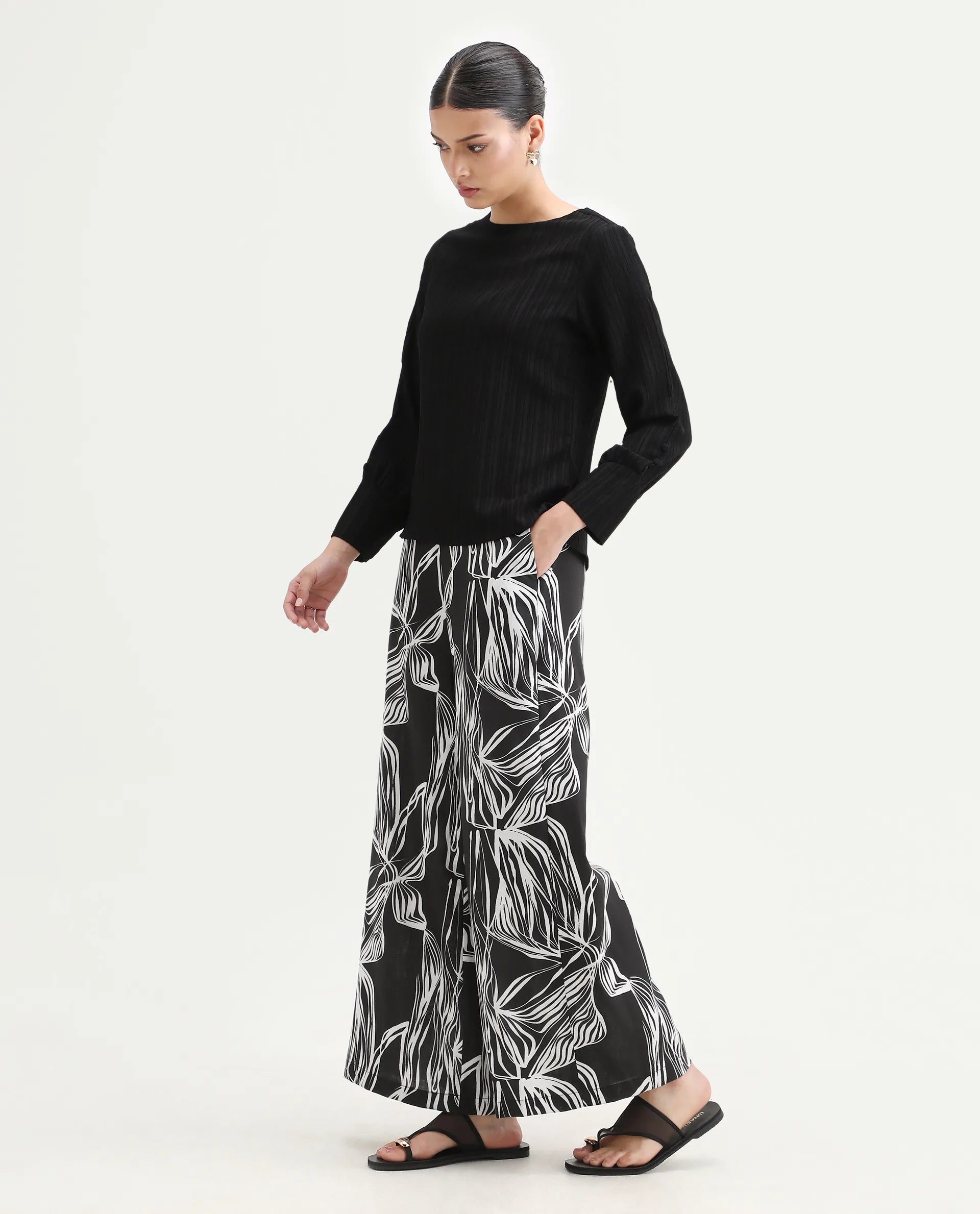 Rareism Women's Eloff-B Black Polyester Zipper Closure Wide Ankle Length Abstract Print Trouser