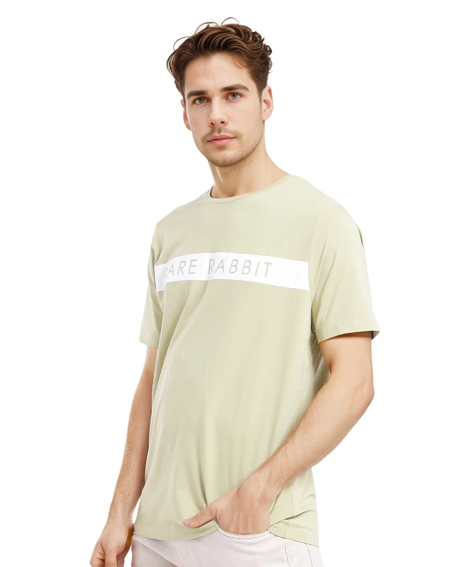 Rare Rabbit Men's Eloise-1 Light Green Cotton Lycra Fabric Short Sleeve Crew Neck Graphic Print T-Shirt