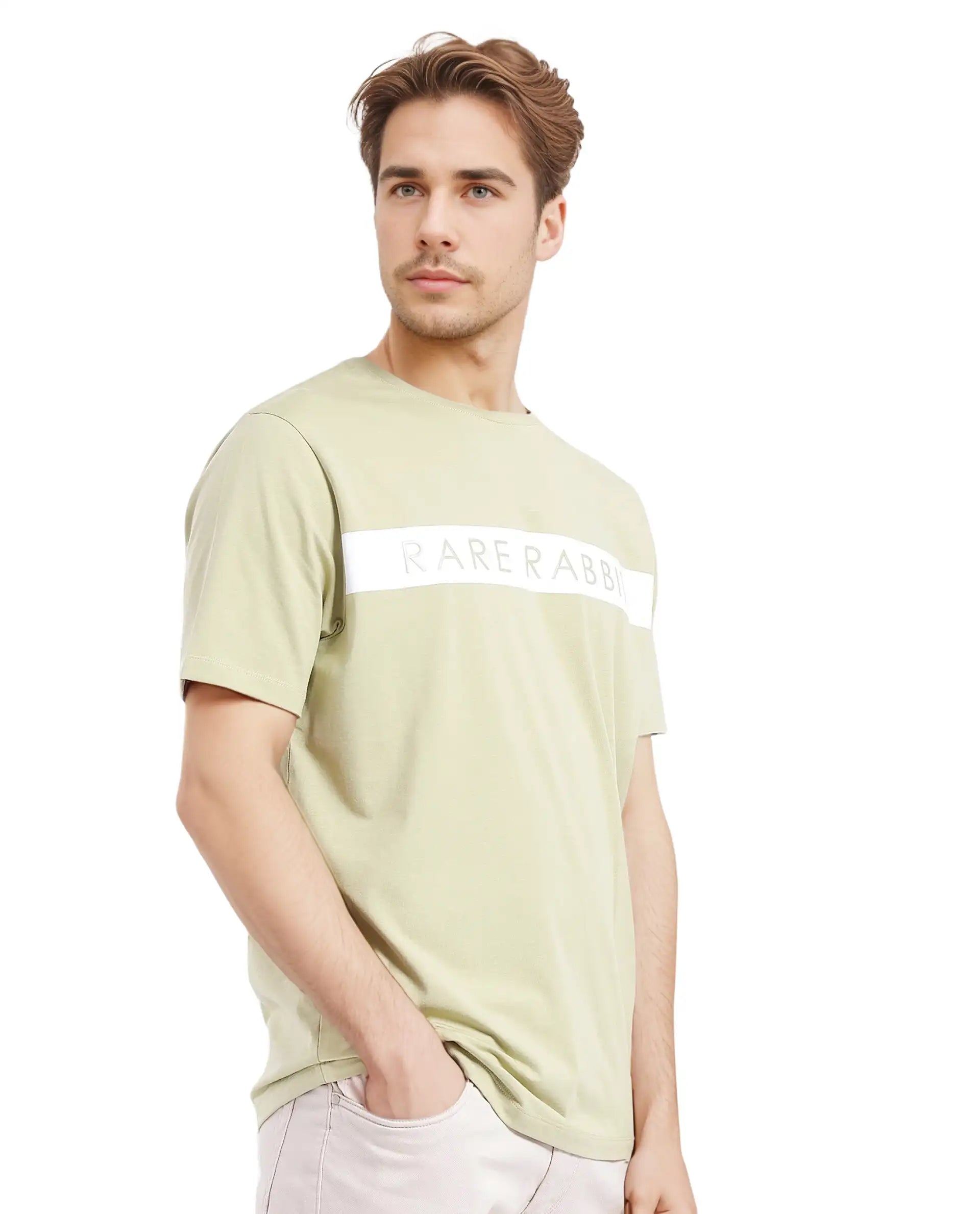 Rare Rabbit Men's Eloise-1 Light Green Cotton Lycra Fabric Short Sleeve Crew Neck Graphic Print T-Shirt