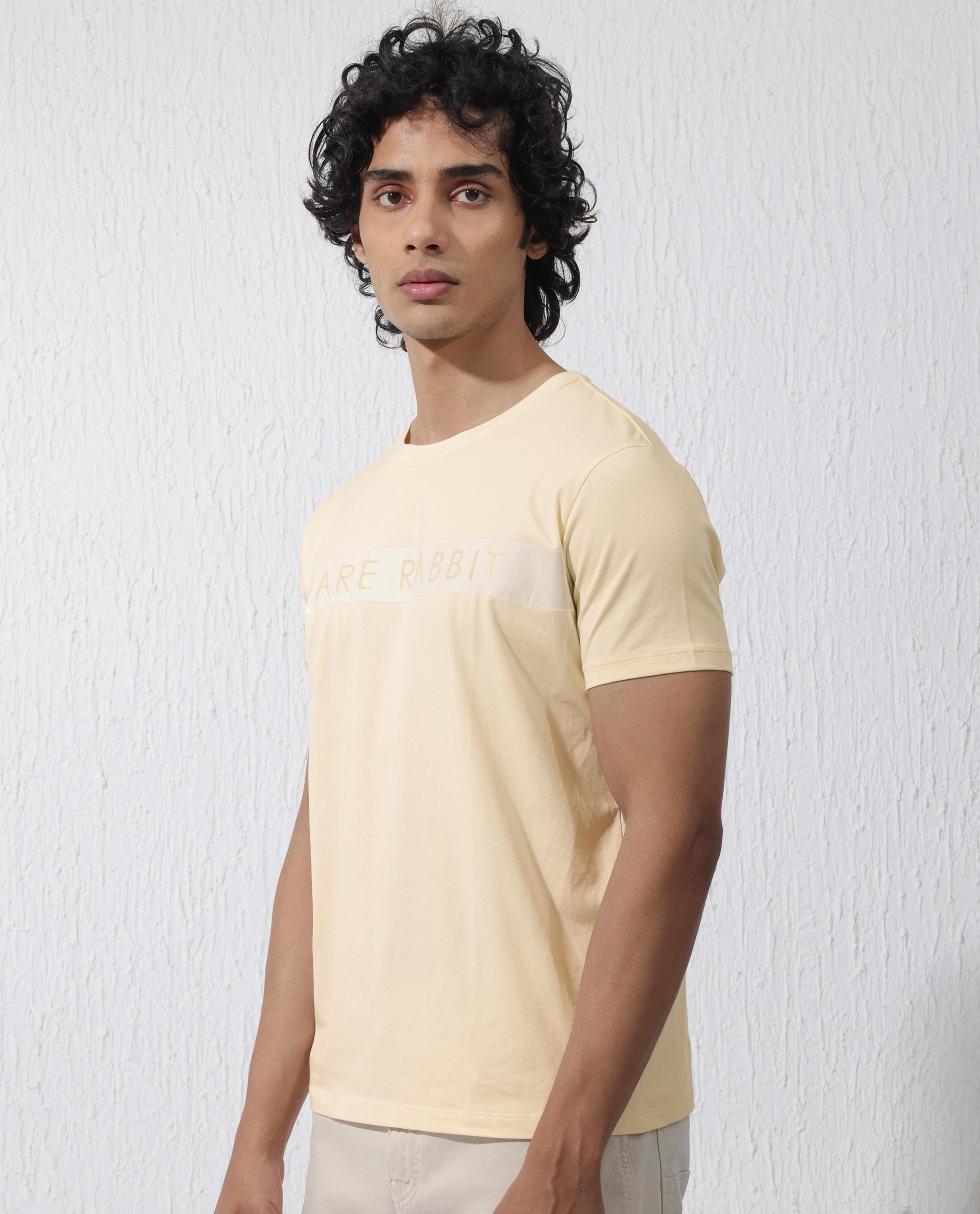 Rare Rabbit Mens Eloise Light Yellow Cotton Lycra Fabric Half Sleeves Graphic Print T-Shirt