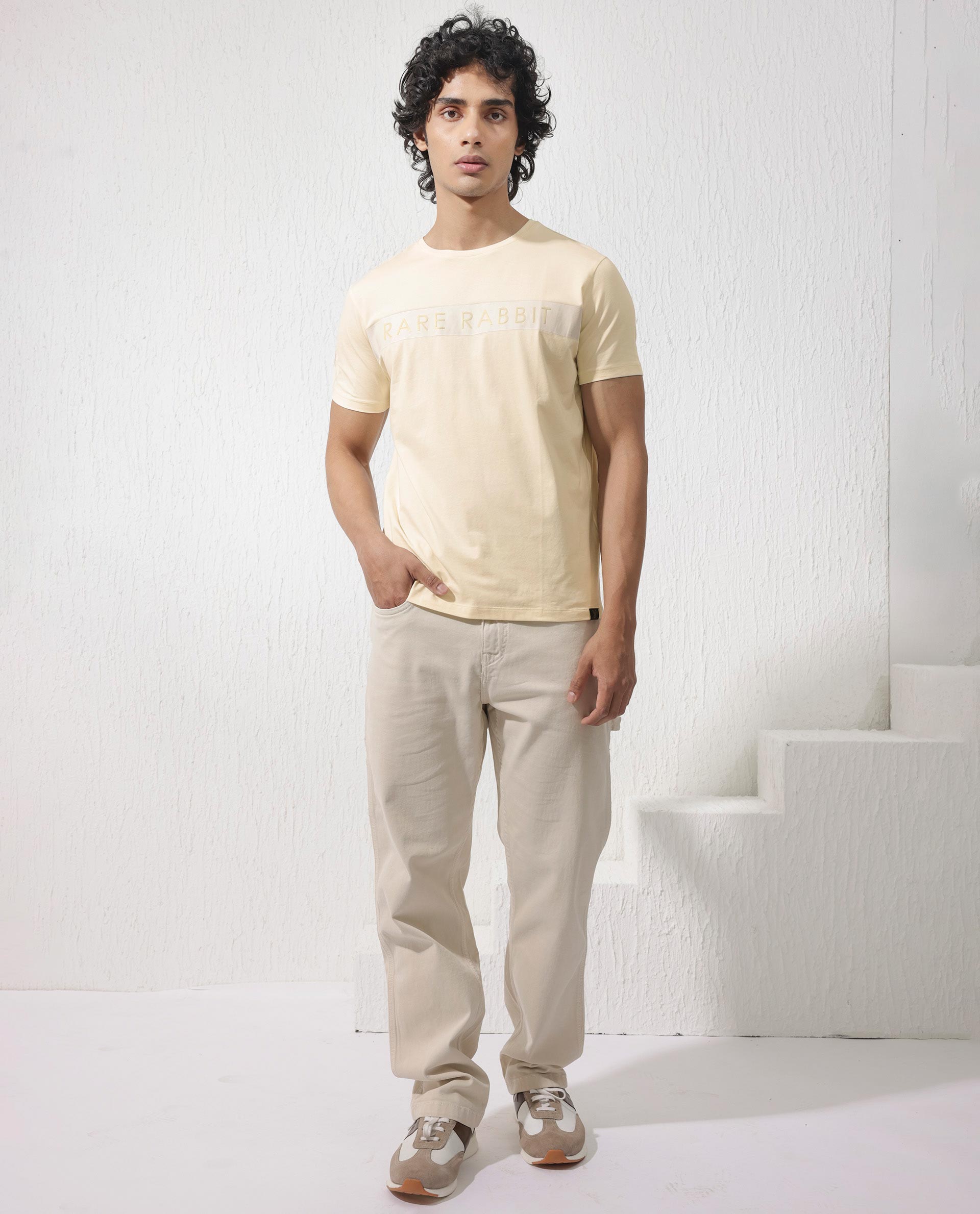 Rare Rabbit Mens Eloise Light Yellow Cotton Lycra Fabric Half Sleeves Graphic Print T-Shirt