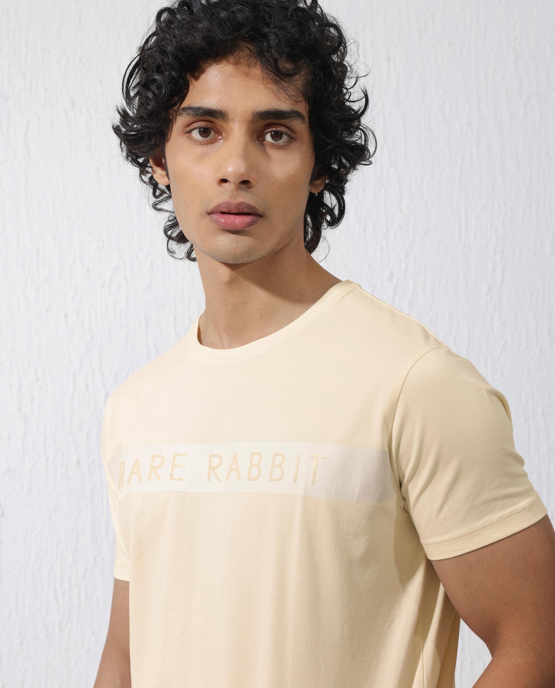 Rare Rabbit Mens Eloise Light Yellow Cotton Lycra Fabric Half Sleeves Graphic Print T-Shirt