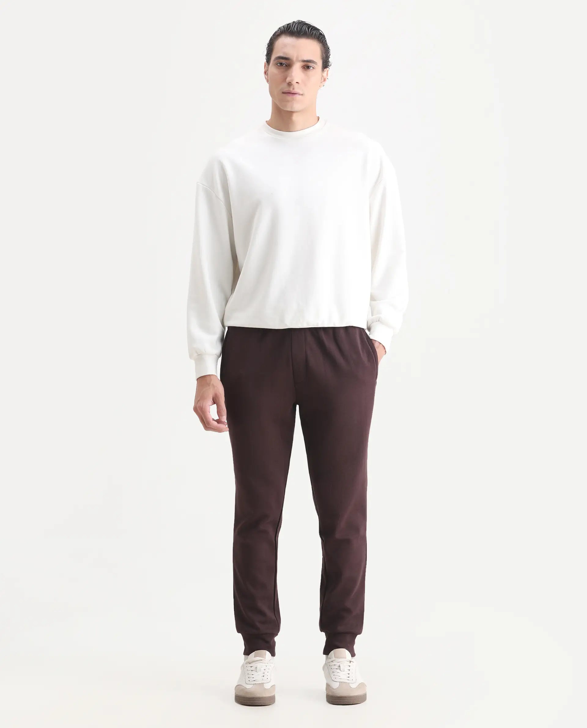 Rare Rabbit Men's Elo Maroon Cotton Plain Regular Fit Track Pant
