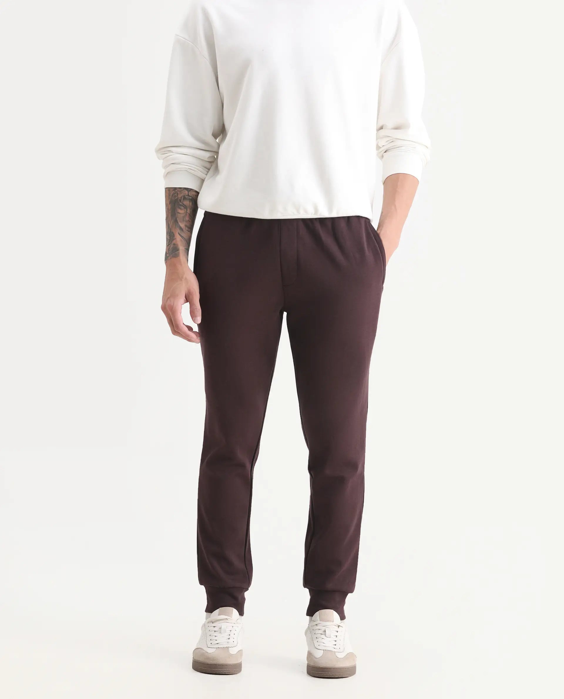 Rare Rabbit Men's Elo Maroon Cotton Plain Regular Fit Track Pant