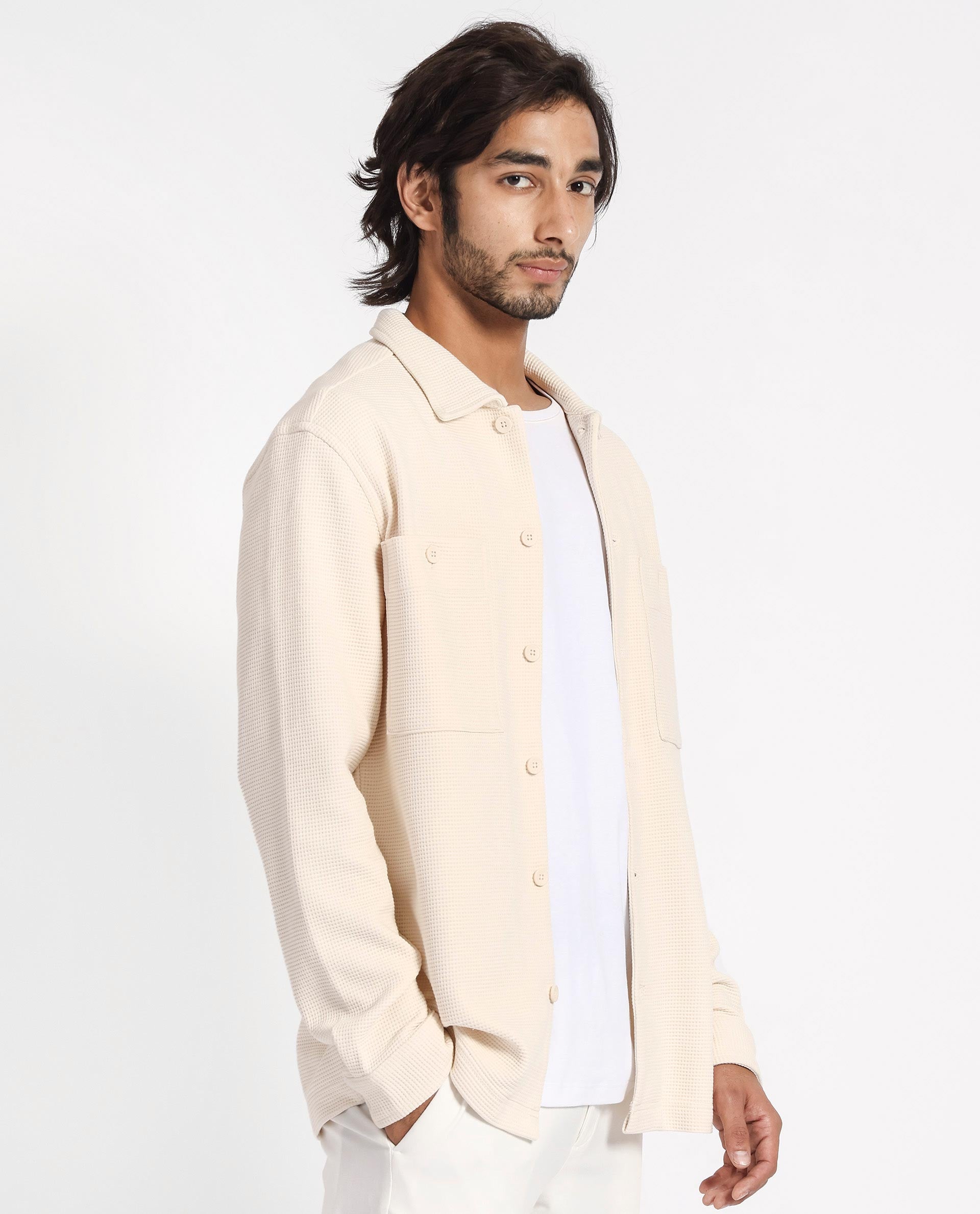 Rare Rabbit Men's Elric Light Beige Plain Regular Collar Waffle Knit Shacket