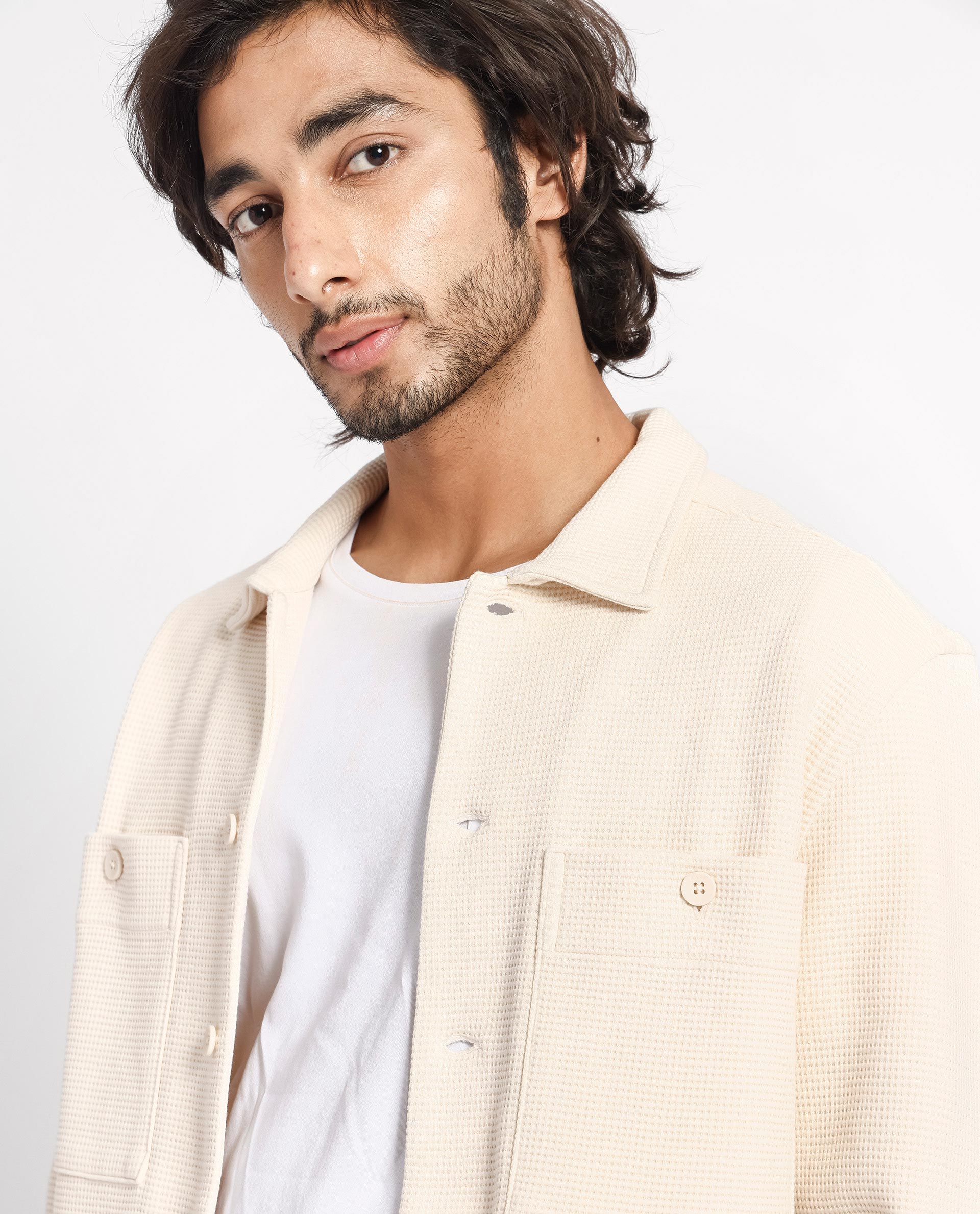 Rare Rabbit Men's Elric Light Beige Plain Regular Collar Waffle Knit Shacket