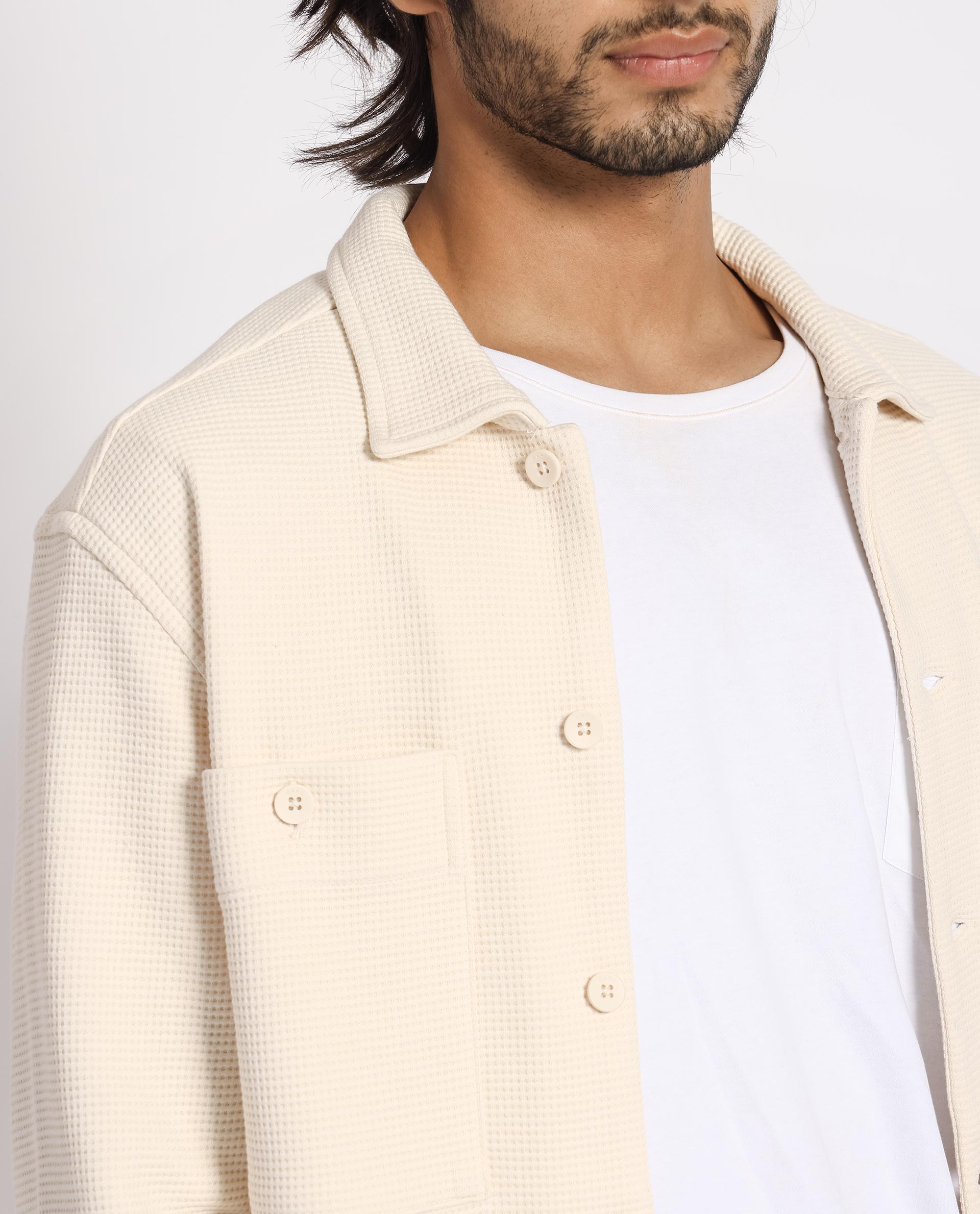 Rare Rabbit Men's Elric Light Beige Plain Regular Collar Waffle Knit Shacket