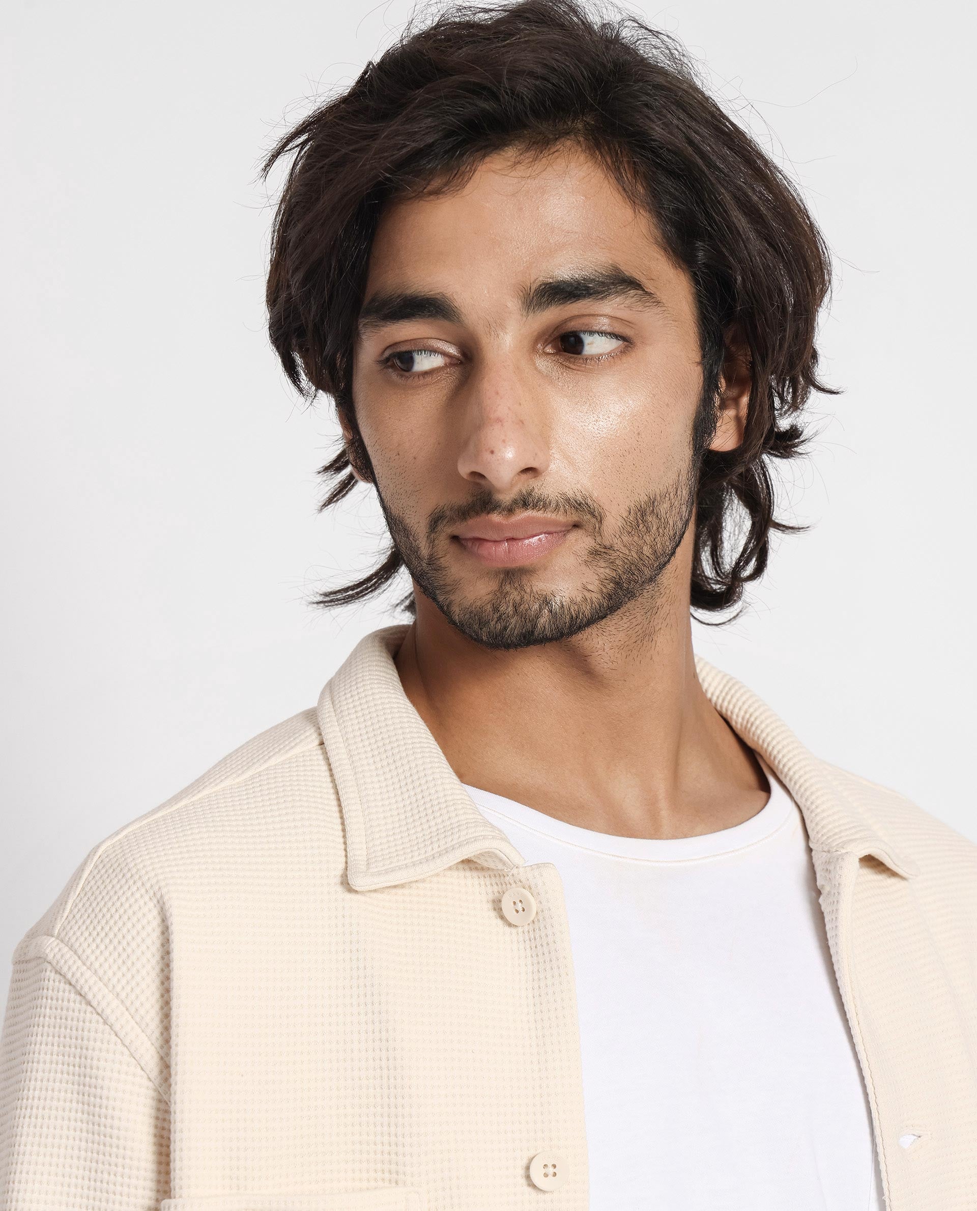 Rare Rabbit Men's Elric Light Beige Plain Regular Collar Waffle Knit Shacket