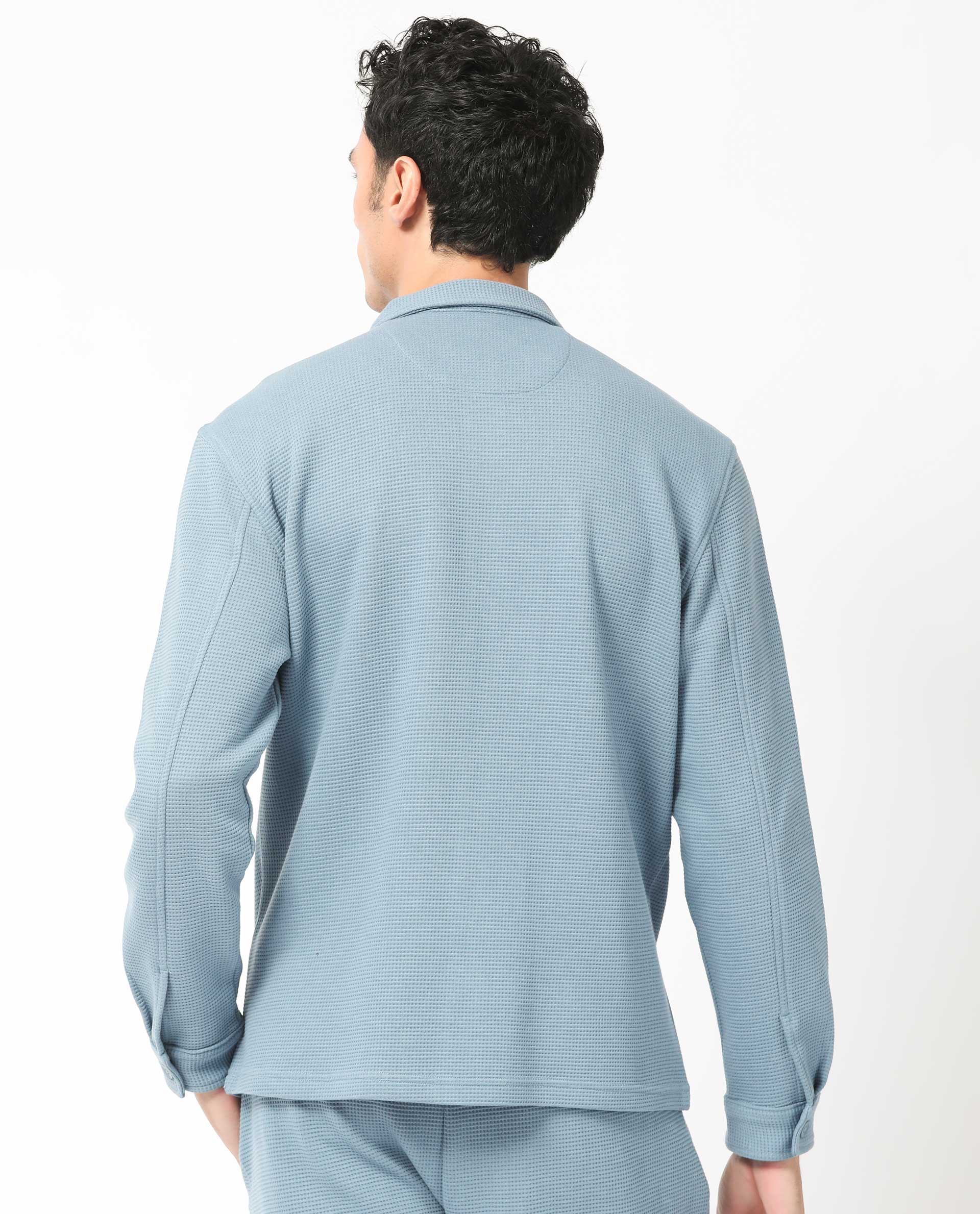 Rare Rabbit Men's Elric Dusky Teal Plain Regular Collar Waffle Knit Shacket