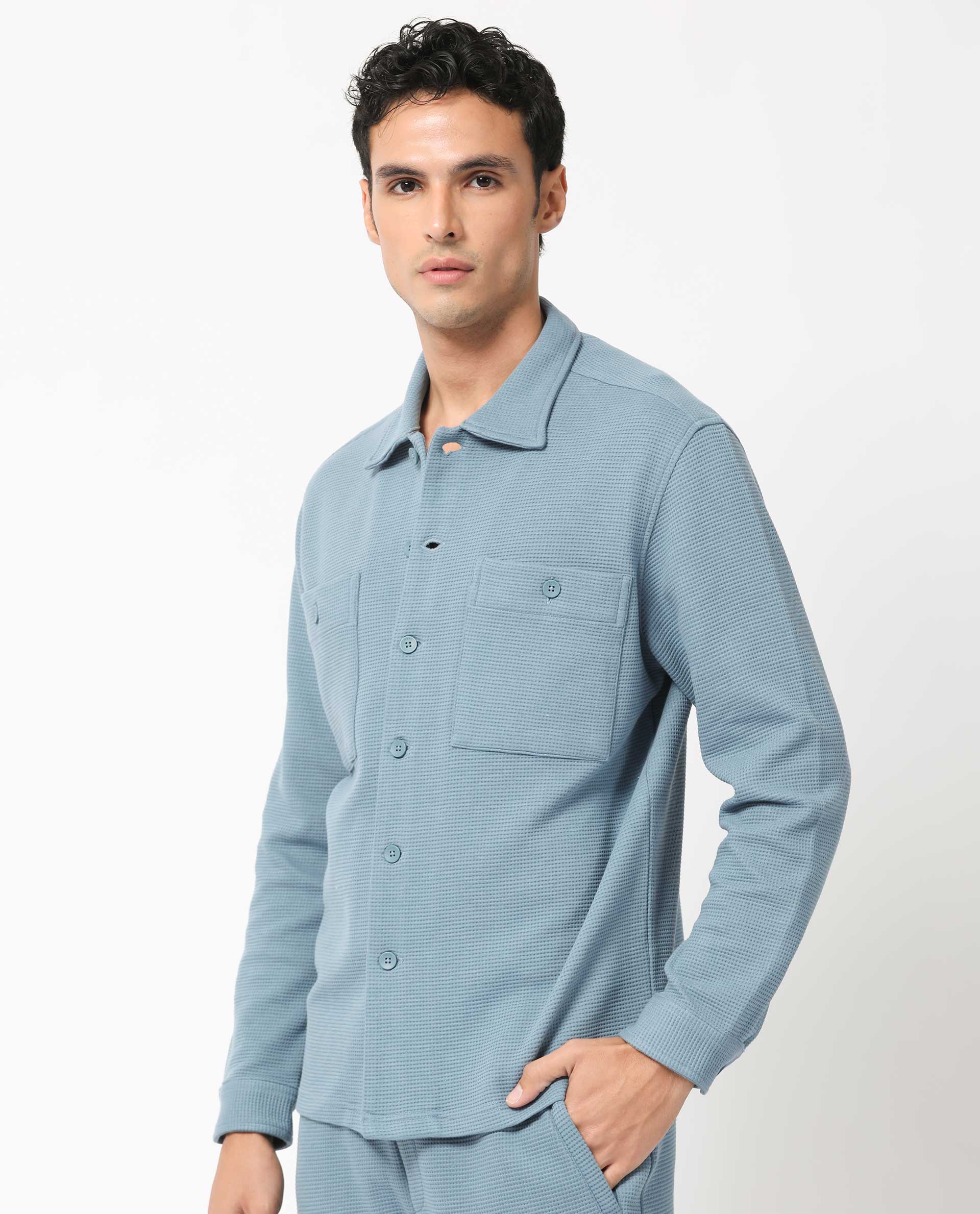 Rare Rabbit Men's Elric Dusky Teal Plain Regular Collar Waffle Knit Shacket