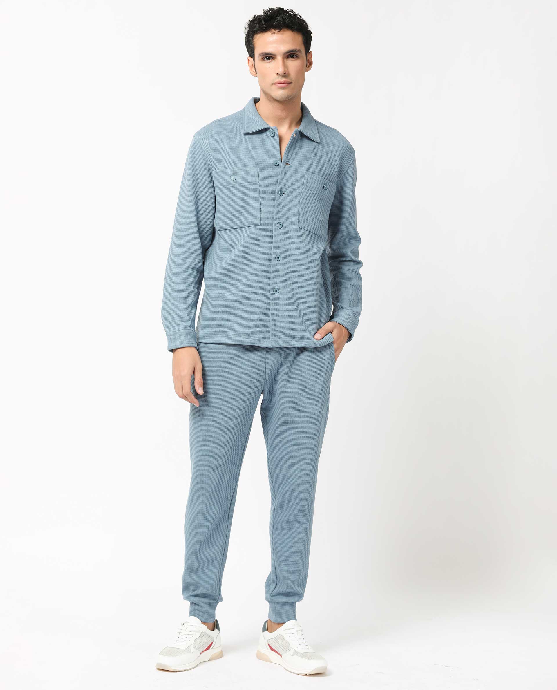 Rare Rabbit Men's Elric Dusky Teal Plain Regular Collar Waffle Knit Shacket