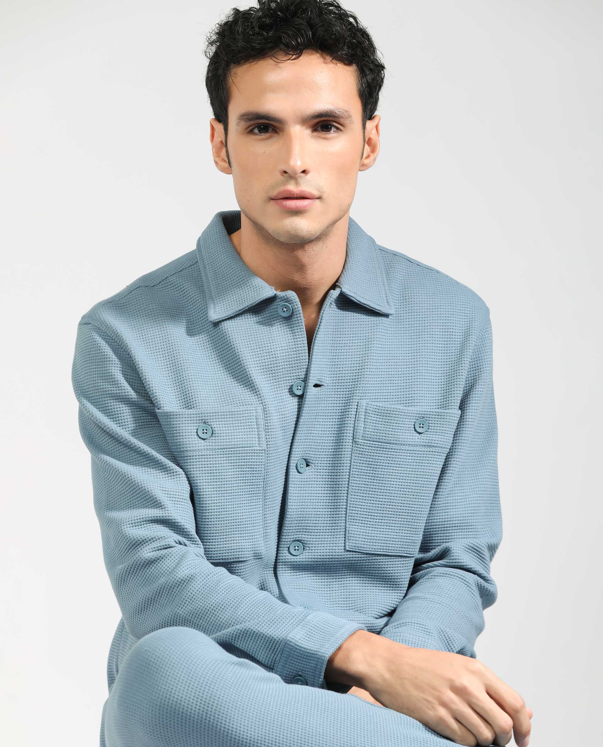 Rare Rabbit Men's Elric Dusky Teal Plain Regular Collar Waffle Knit Shacket