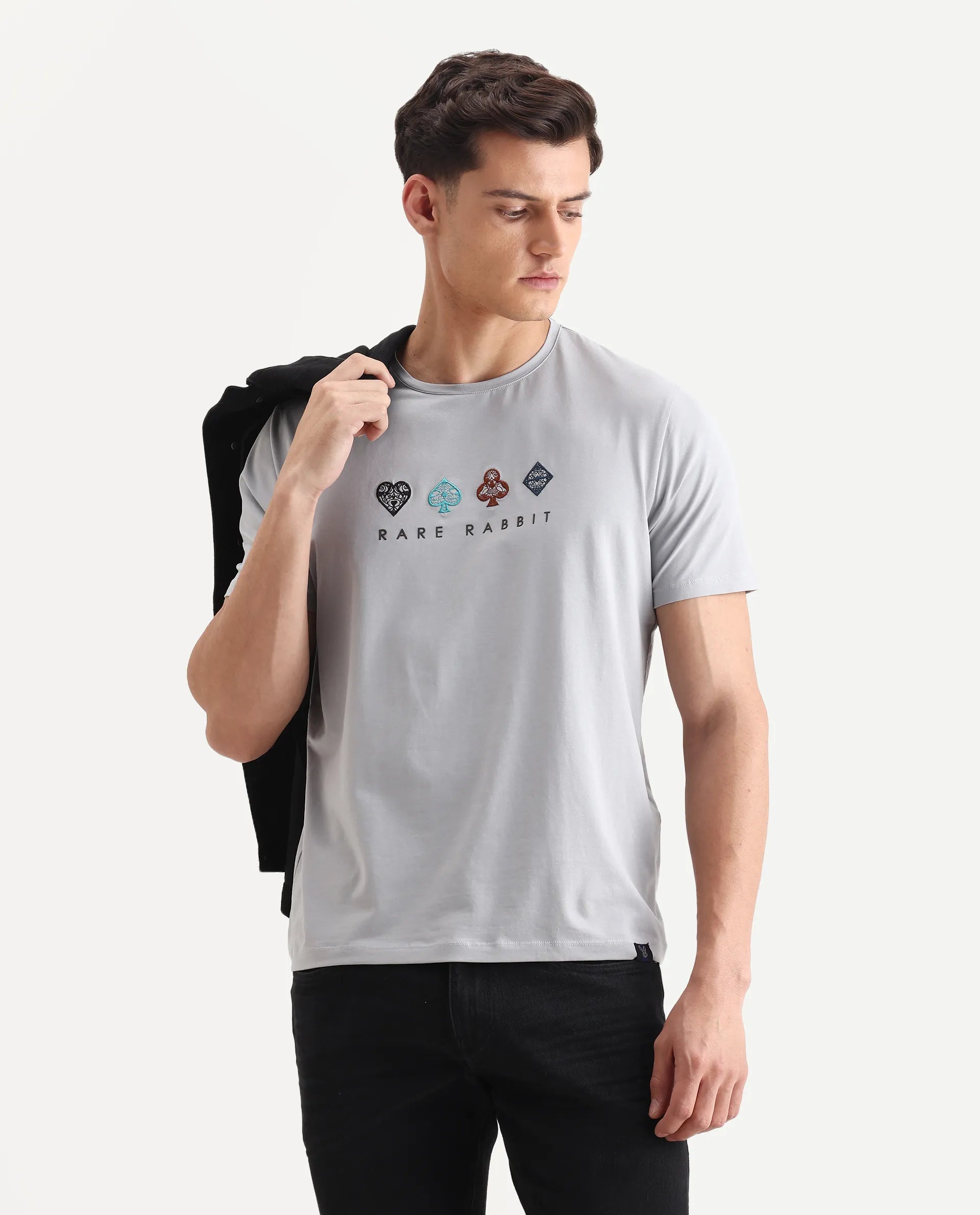 Rare Rabbit Men's Elro Light Grey Cotton Embroidered Regular Fit Half Sleeve Crew Neck T-Shirt