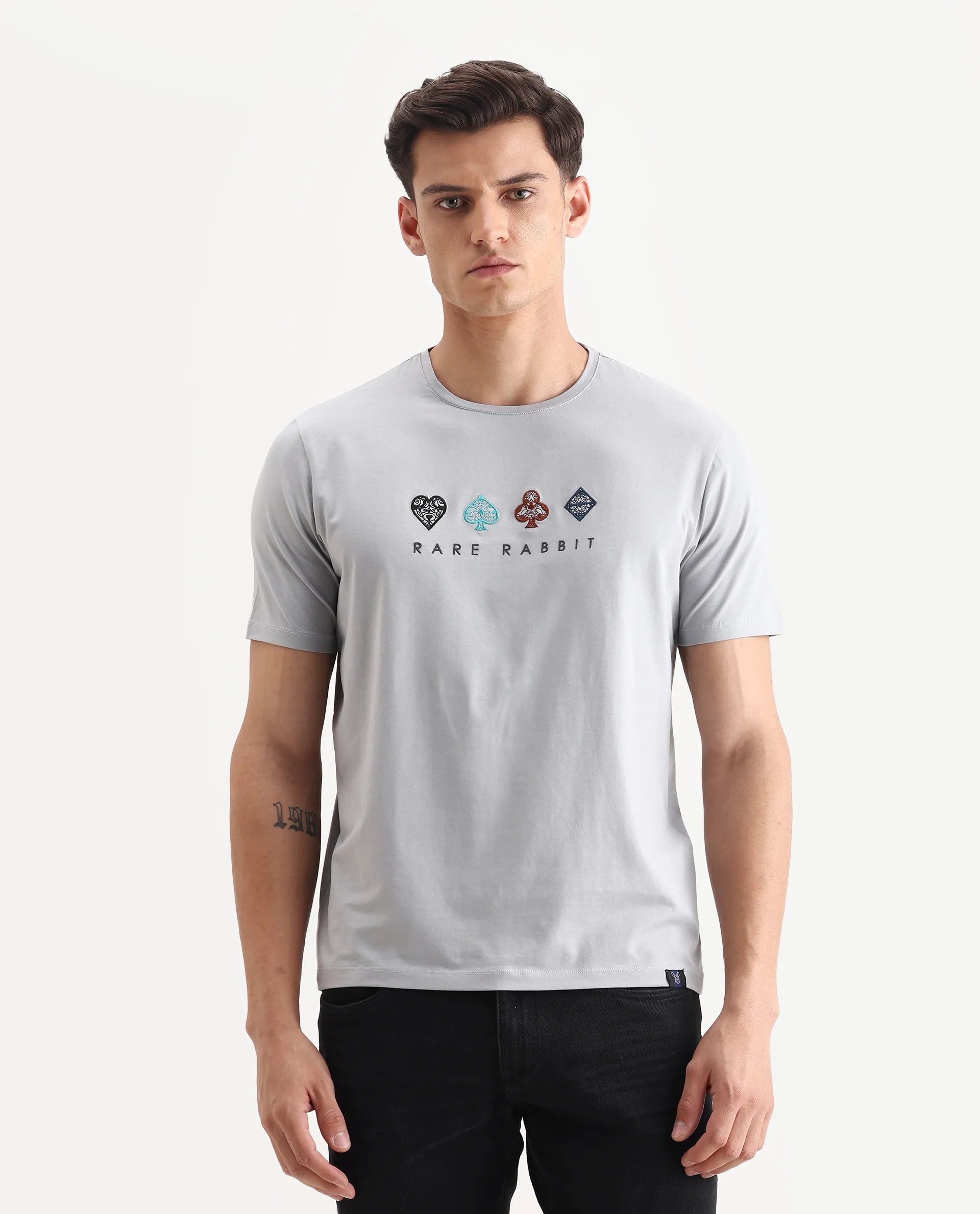 Rare Rabbit Men's Elro Light Grey Cotton Embroidered Regular Fit Half Sleeve Crew Neck T-Shirt
