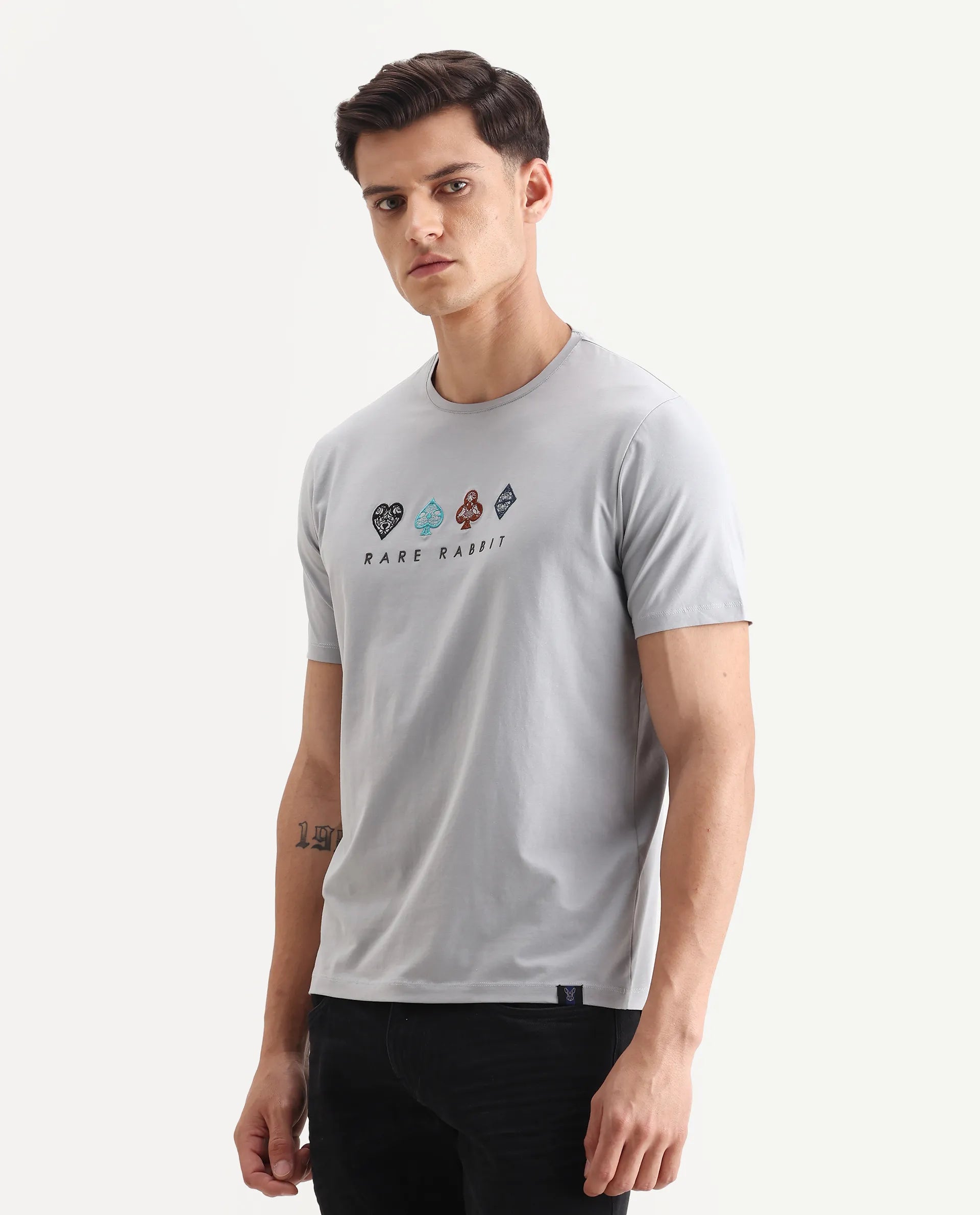 Rare Rabbit Men's Elro Light Grey Cotton Embroidered Regular Fit Half Sleeve Crew Neck T-Shirt