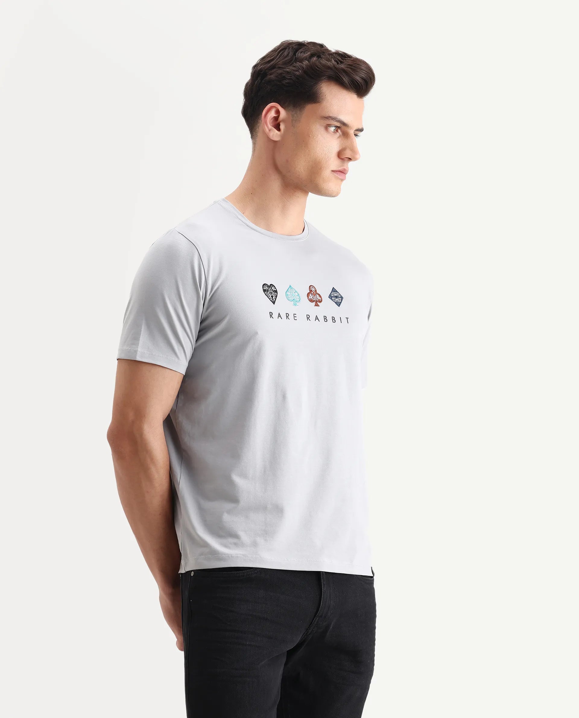 Rare Rabbit Men's Elro Light Grey Cotton Embroidered Regular Fit Half Sleeve Crew Neck T-Shirt