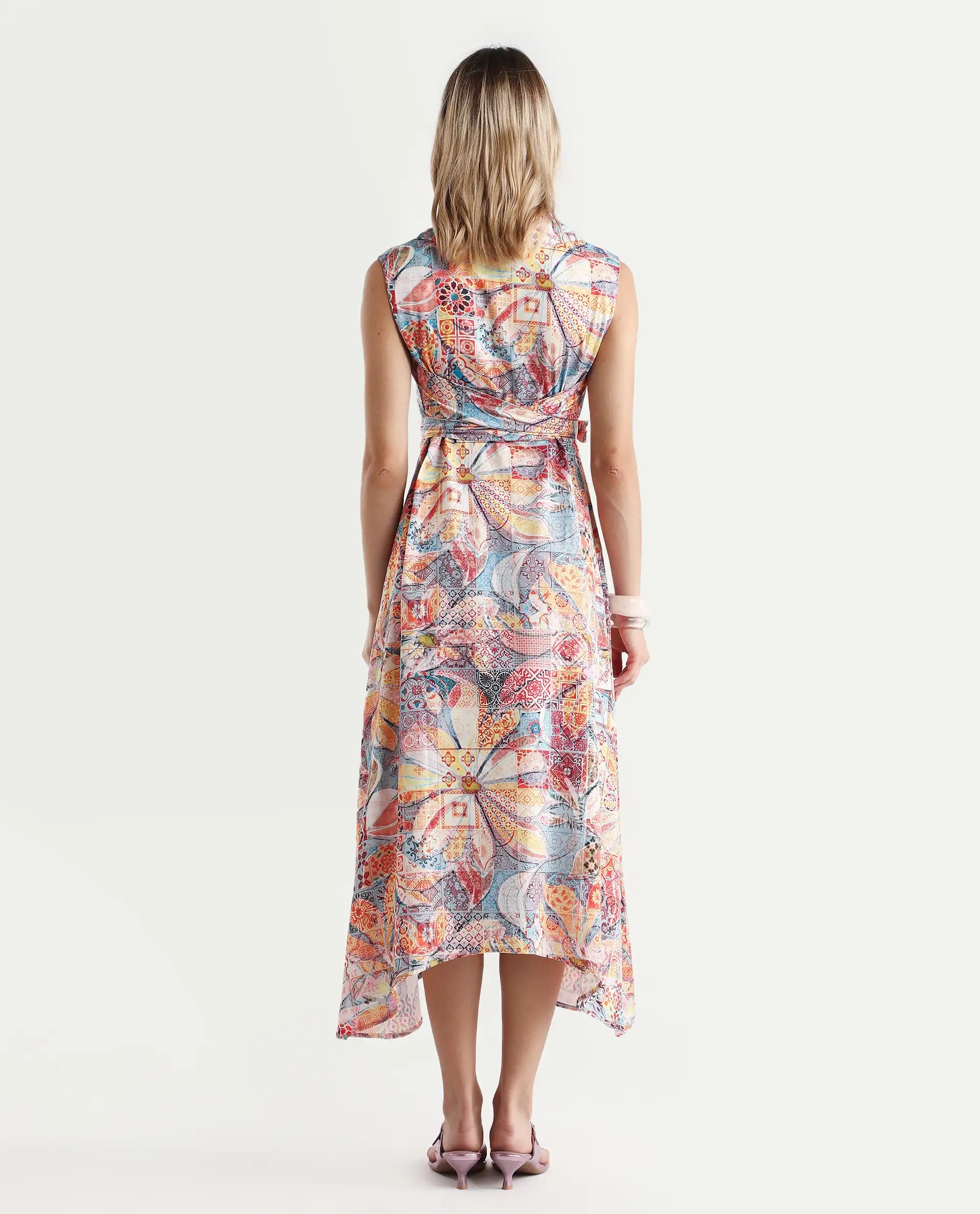 Rareism Women's Elsal Light Multi Cotton Blend Drop Collar Floral Print Sleeveless Midi Asymmetric Dress