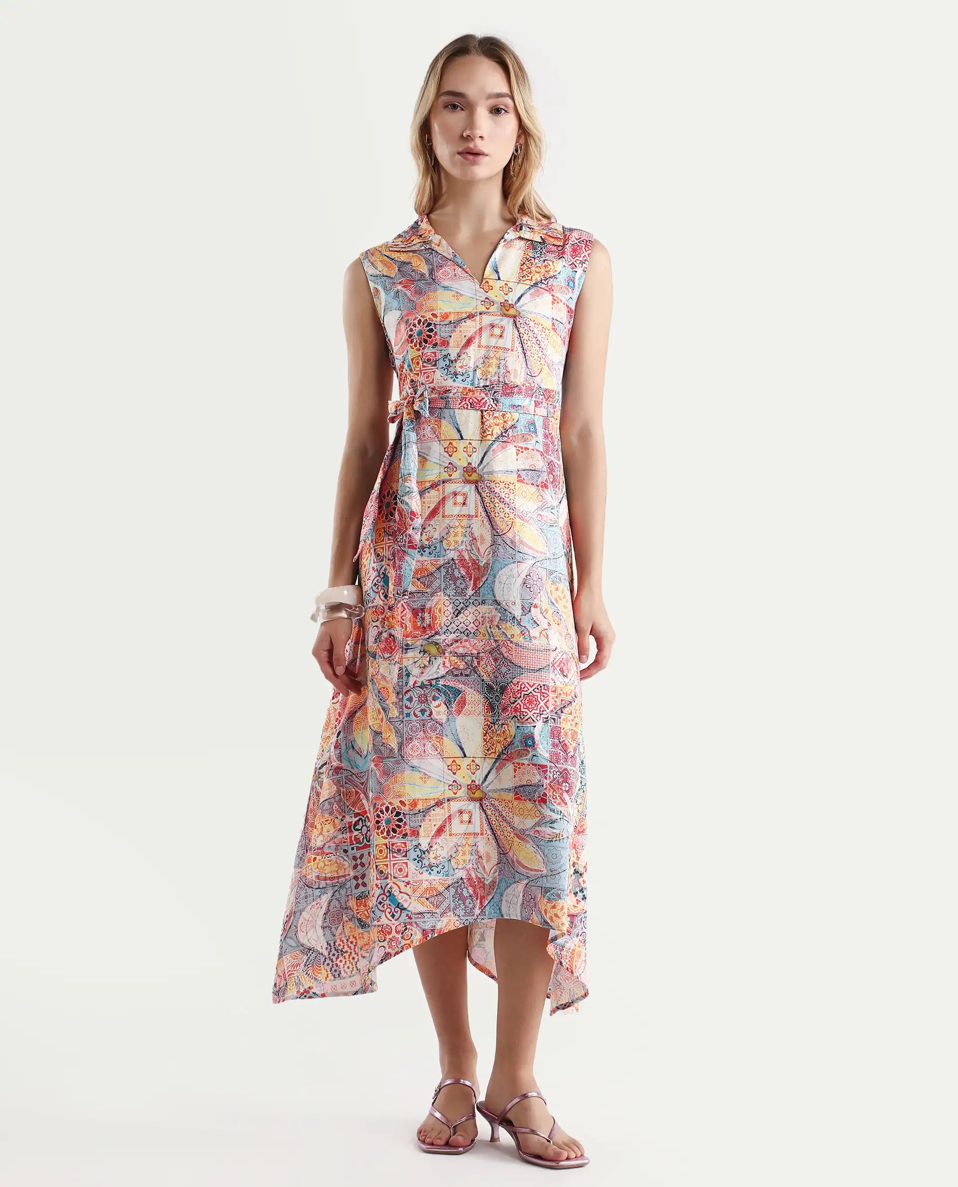 Rareism Women's Elsal Light Multi Cotton Blend Drop Collar Floral Print Sleeveless Midi Asymmetric Dress