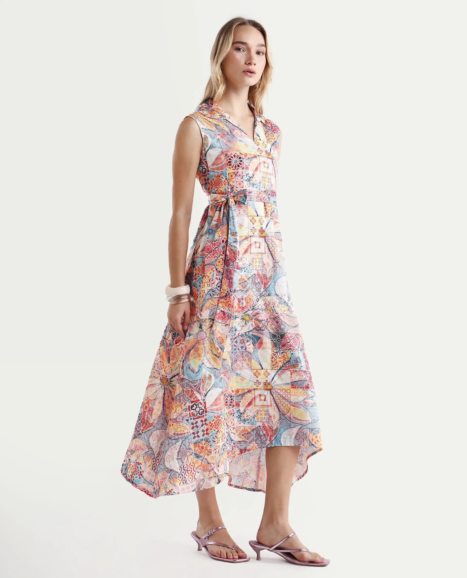 Rareism Women's Elsal Light Multi Cotton Blend Drop Collar Floral Print Sleeveless Midi Asymmetric Dress