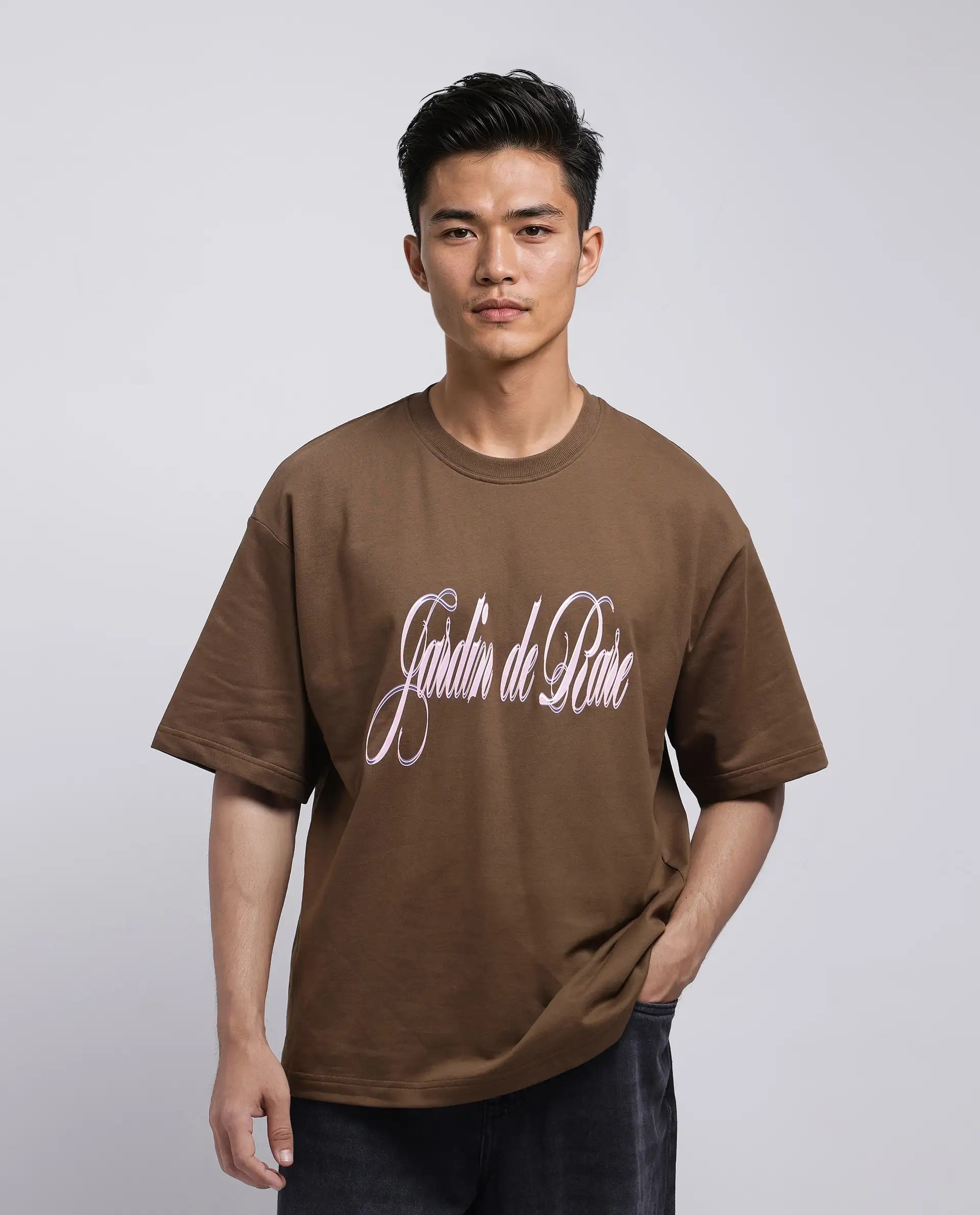 Rare Rabbit Men Elton Brown Cotton Fabric Short Sleeve Crew Neck Oversized Fit Hd Print T-Shirt