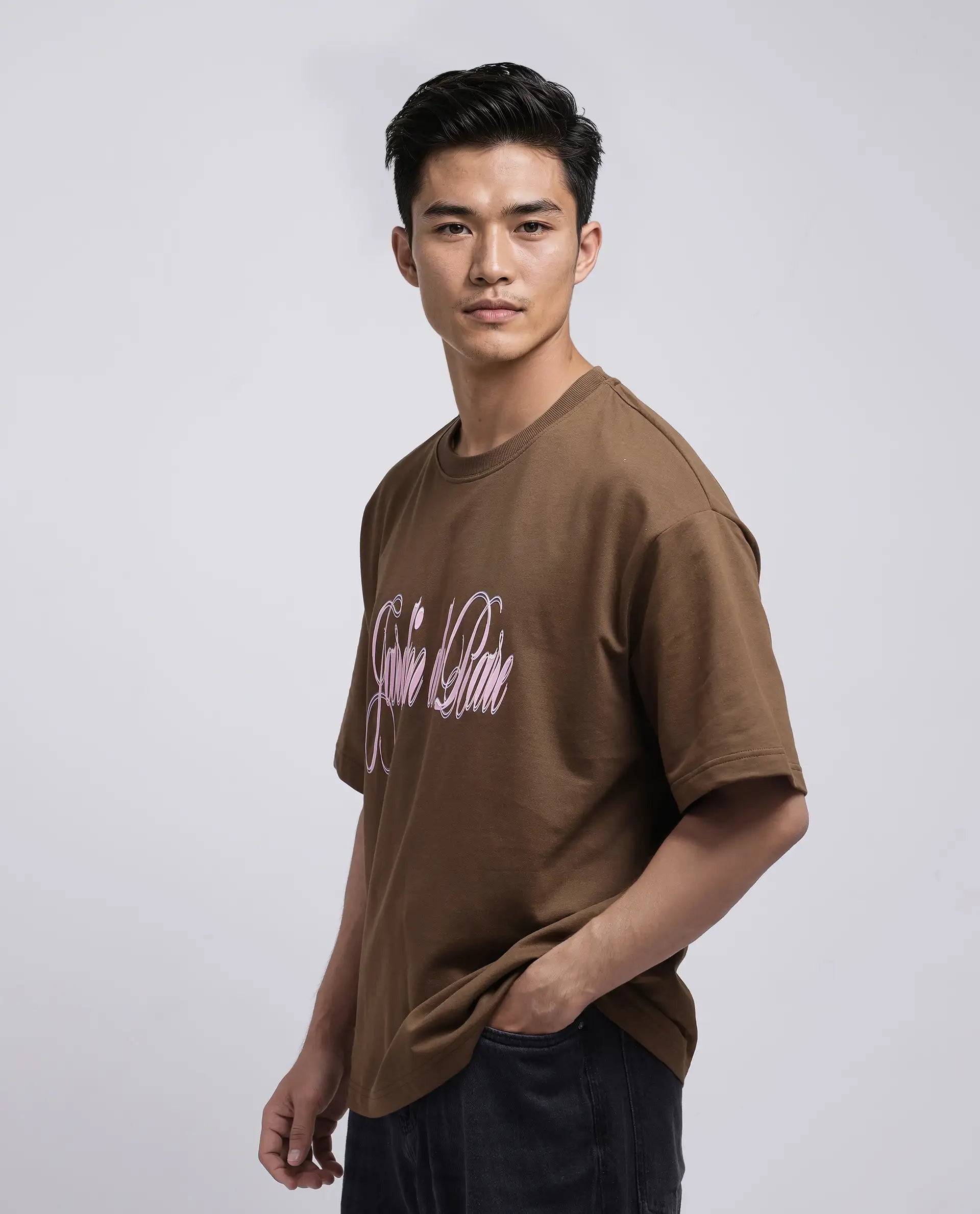 Rare Rabbit Men Elton Brown Cotton Fabric Short Sleeve Crew Neck Oversized Fit Hd Print T-Shirt