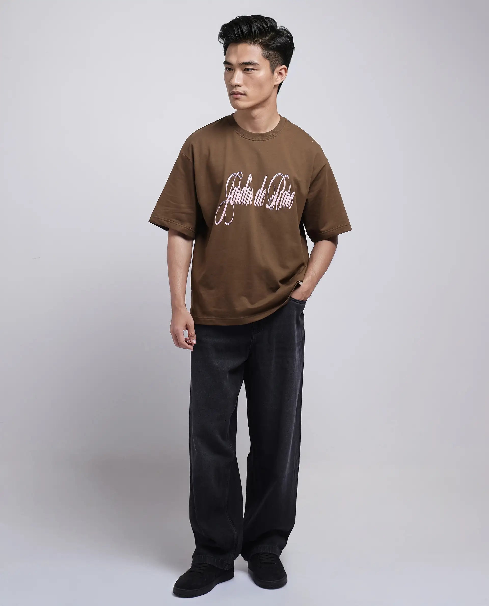 Rare Rabbit Men Elton Brown Cotton Fabric Short Sleeve Crew Neck Oversized Fit Hd Print T-Shirt