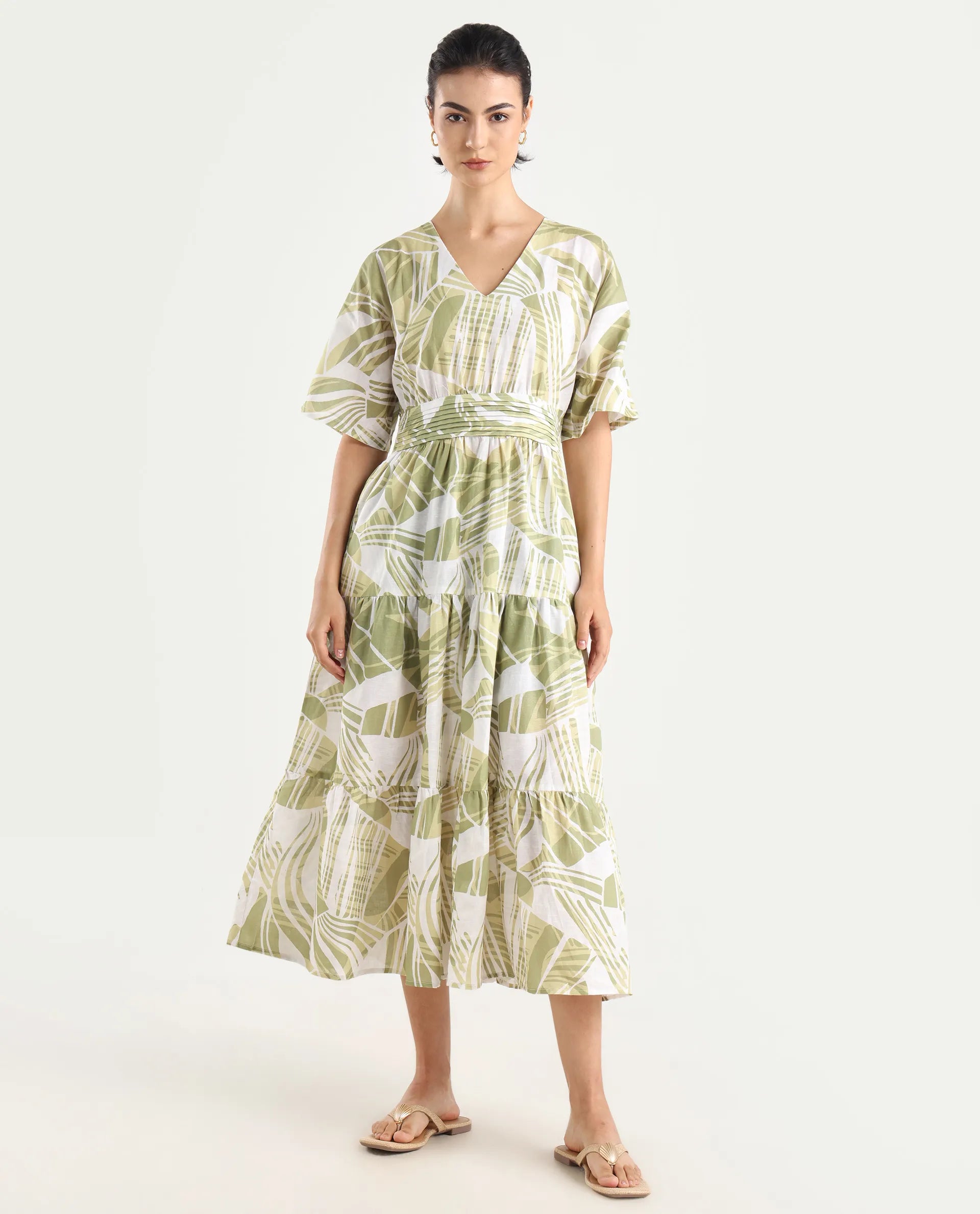 Rareism Women's Eltuz Light Green Cotton Blend V-Neck Abstract Print Extended Sleeves Maxi Fit And Flare Dress
