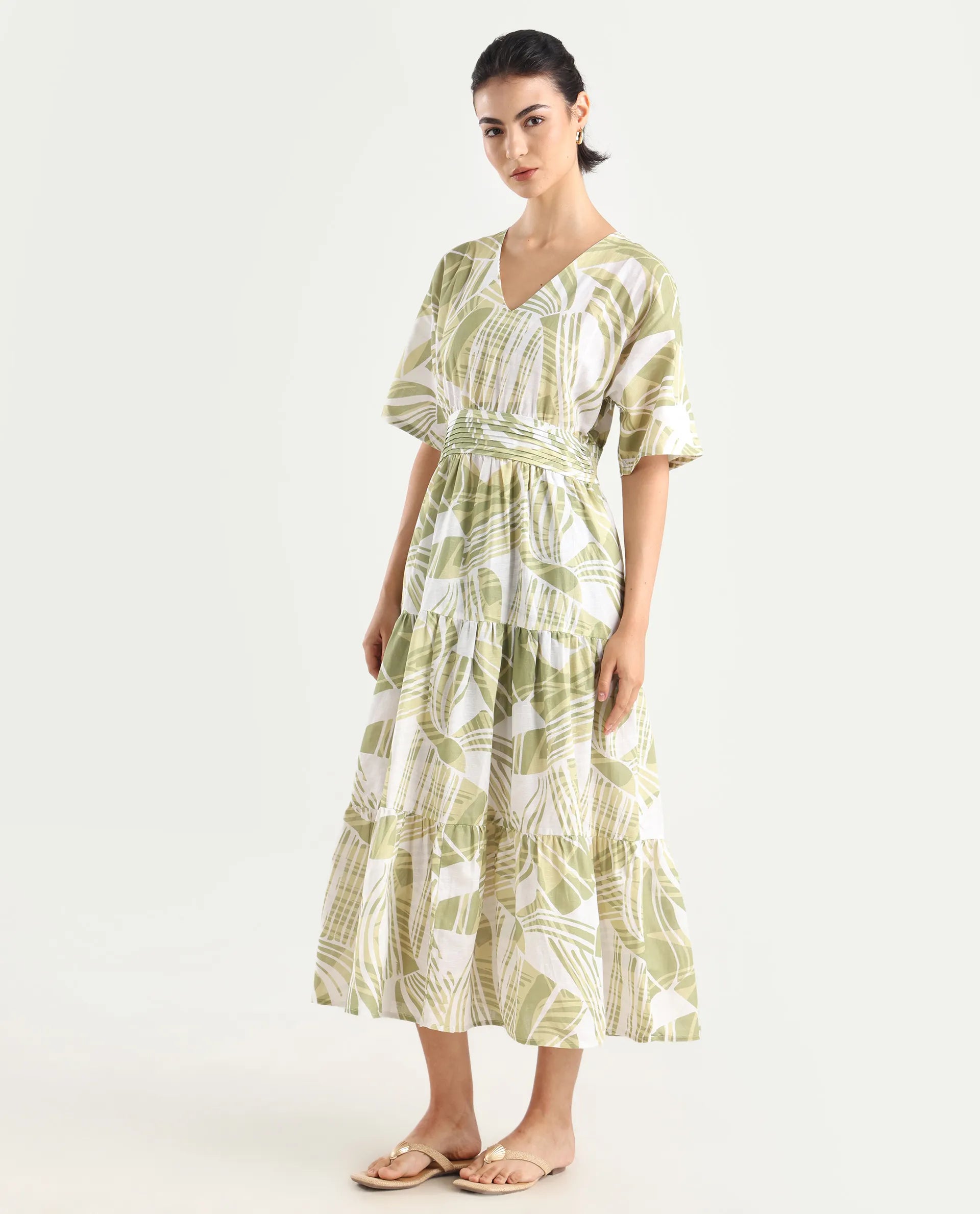 Rareism Women's Eltuz Light Green Cotton Blend V-Neck Abstract Print Extended Sleeves Maxi Fit And Flare Dress