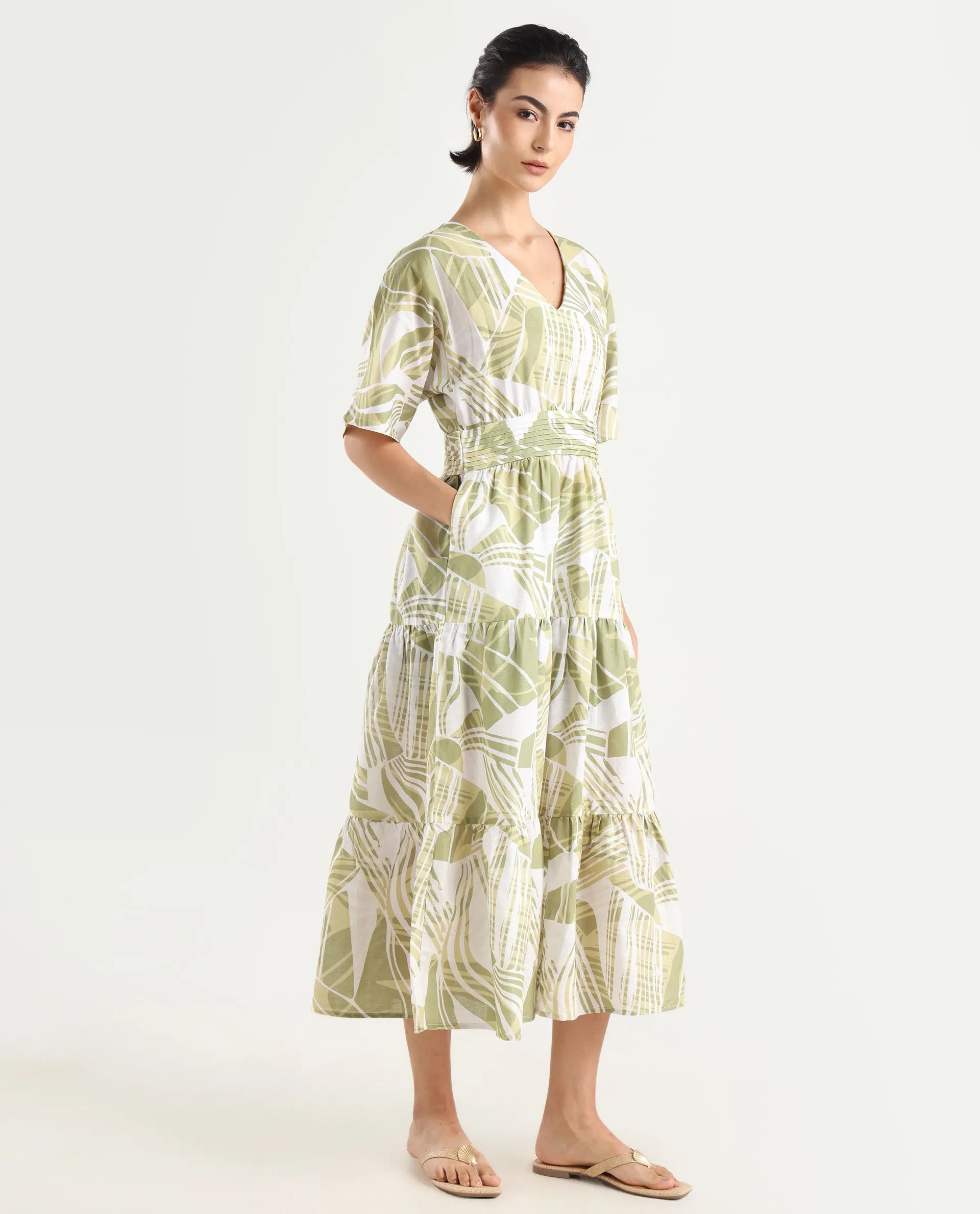 Rareism Women's Eltuz Light Green Cotton Blend V-Neck Abstract Print Extended Sleeves Maxi Fit And Flare Dress