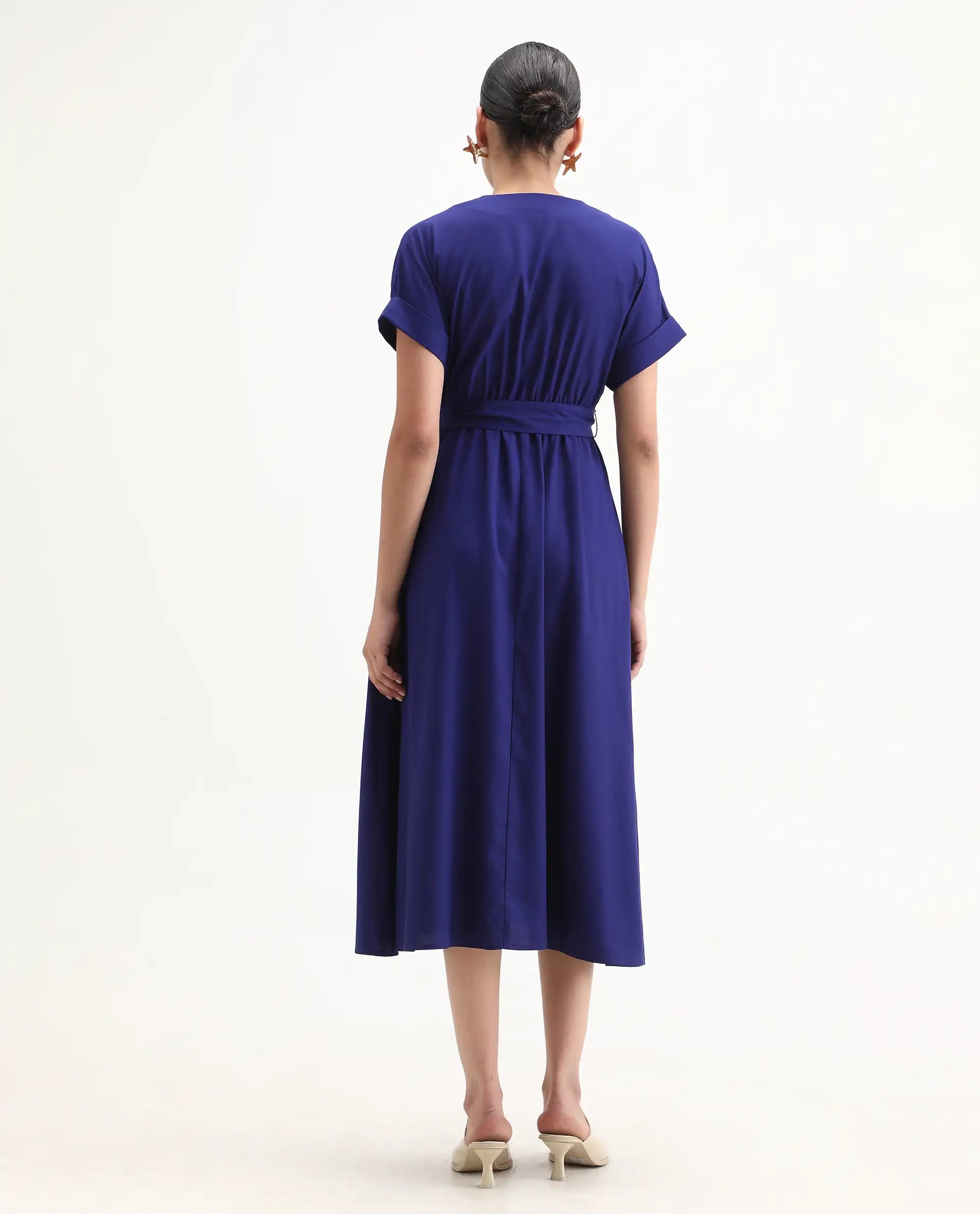 Rareism Women's Elvin Blue Viscose Extended Sleeves V-Neck Flared Fit Plain Midi Dress