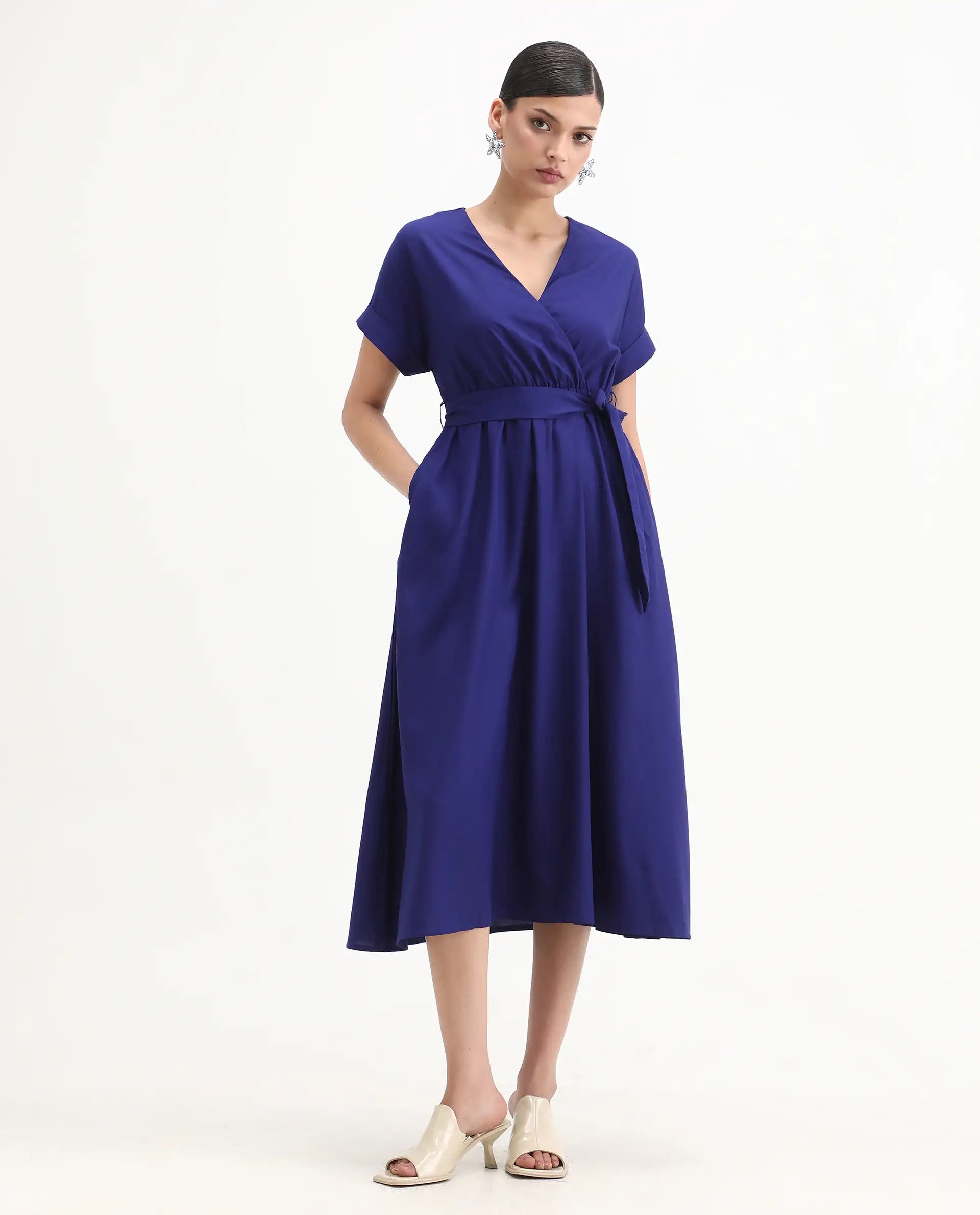 Rareism Women's Elvin Blue Viscose Extended Sleeves V-Neck Flared Fit Plain Midi Dress