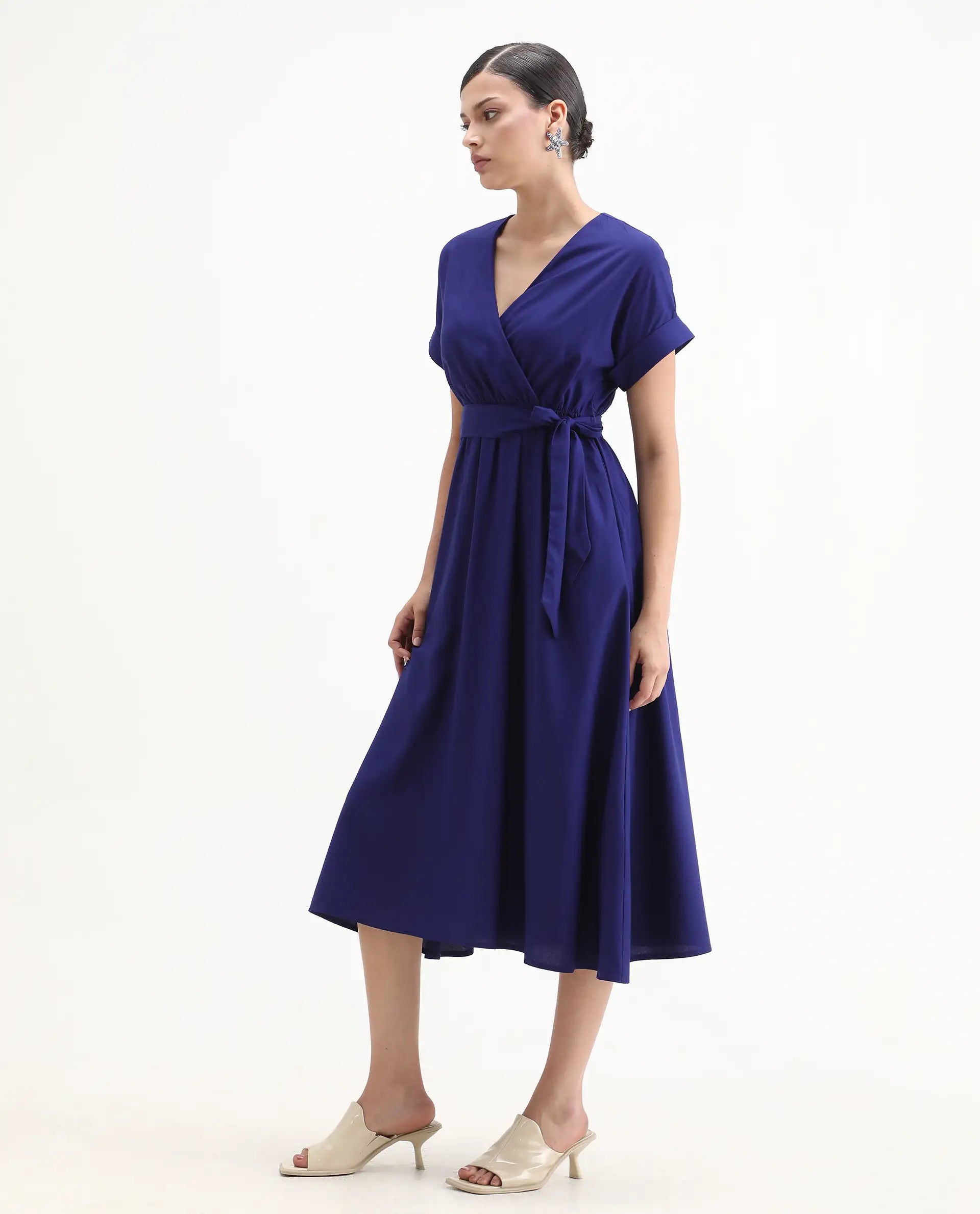 Rareism Women's Elvin Blue Viscose Extended Sleeves V-Neck Flared Fit Plain Midi Dress