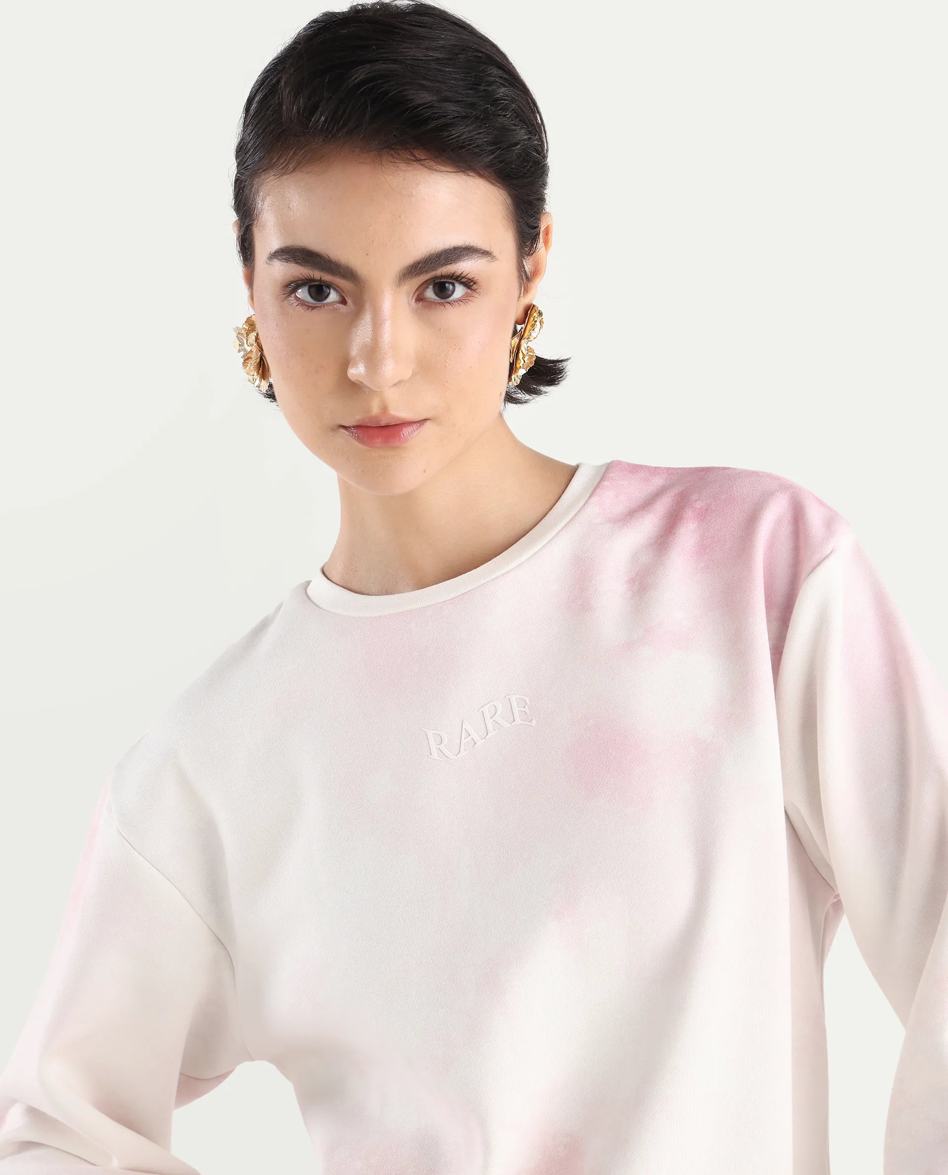 Rareism Women's Elvis Off White Cotton Blend Crew Neck Ombre Relaxed Fit Sweatshirt