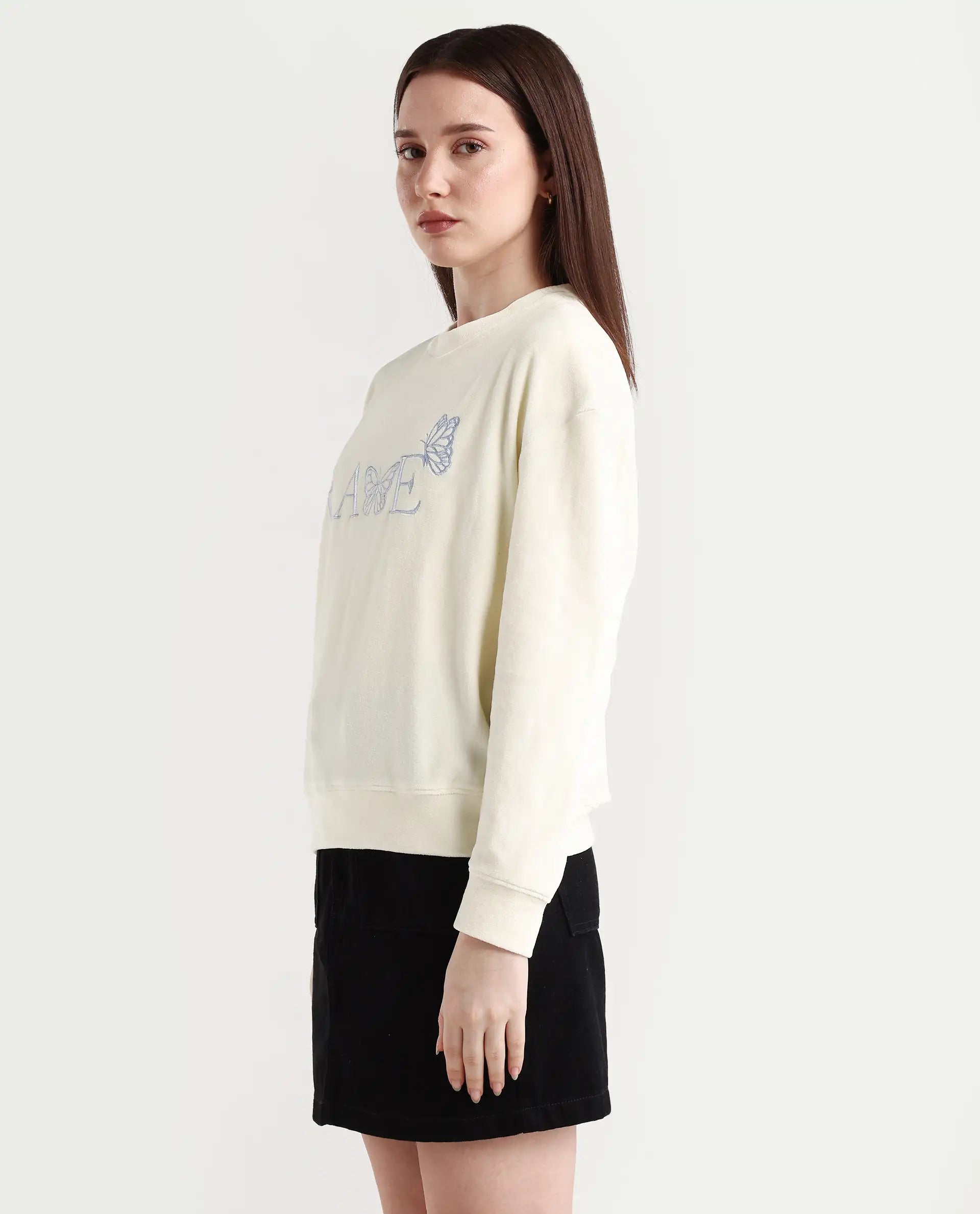 Rareism Women's Elwes Beige Polyester Blend Crew Neck Graphic Print Regular Fit Sweatshirt