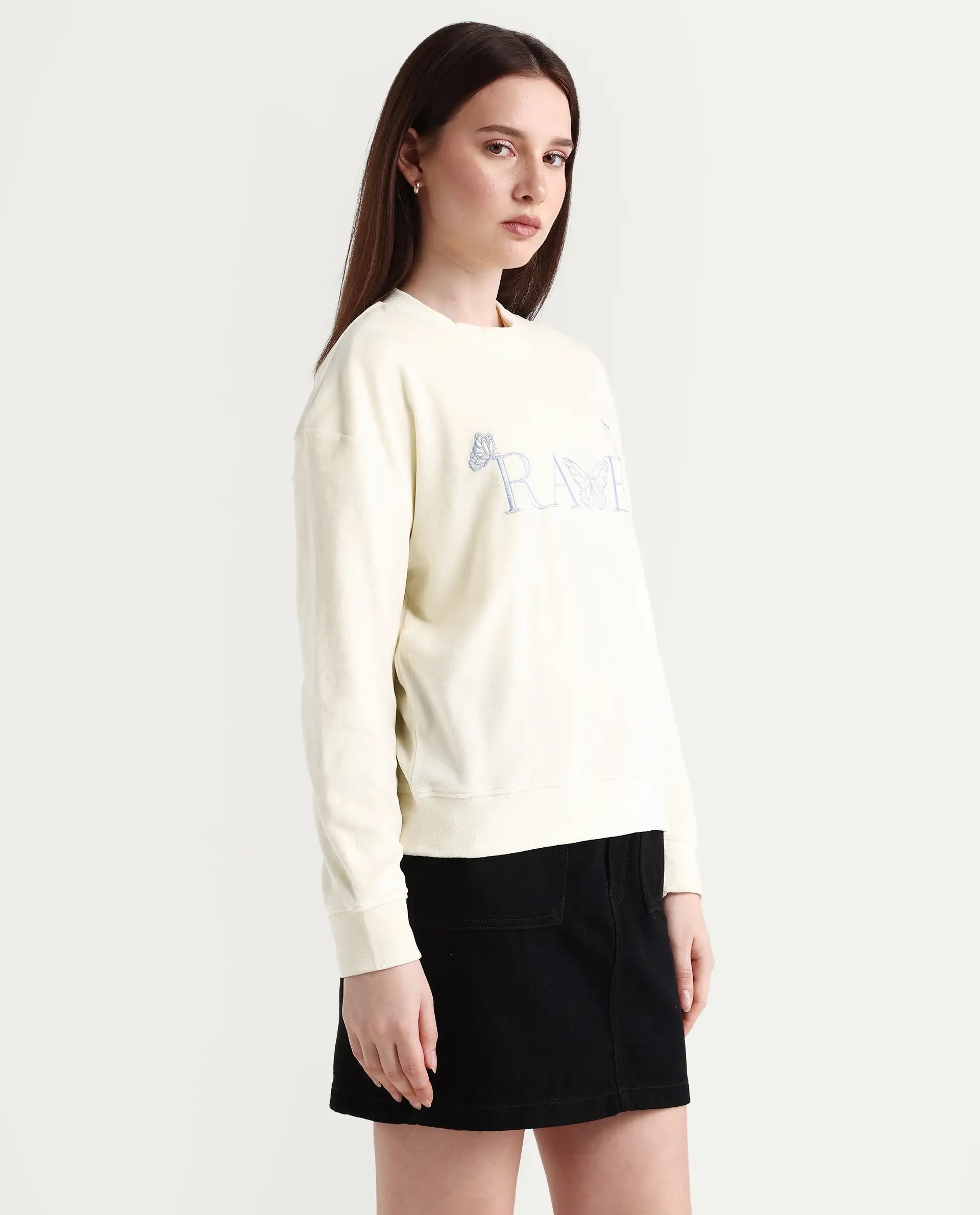 Rareism Women's Elwes Beige Polyester Blend Crew Neck Graphic Print Regular Fit Sweatshirt