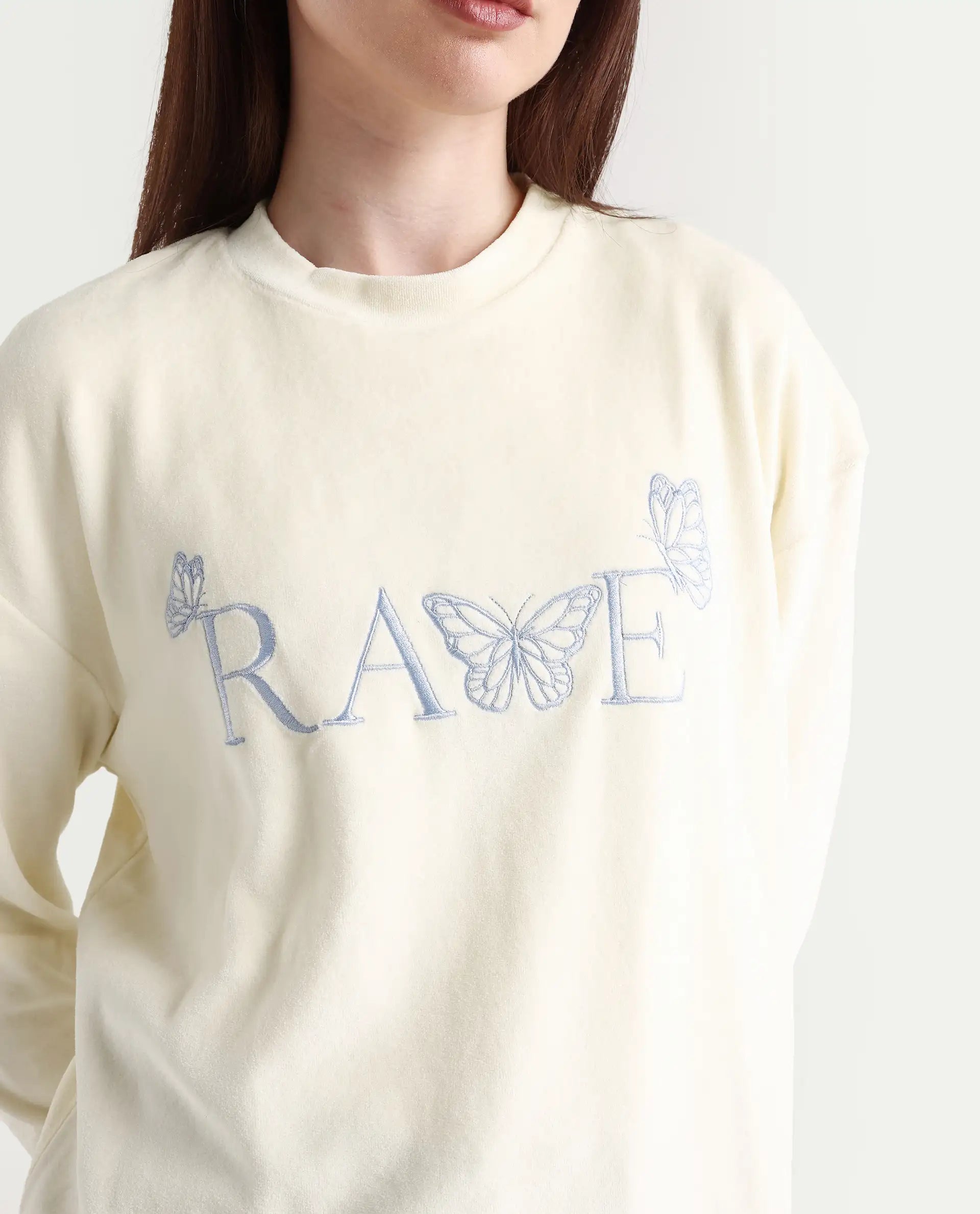 Rareism Women's Elwes Beige Polyester Blend Crew Neck Graphic Print Regular Fit Sweatshirt