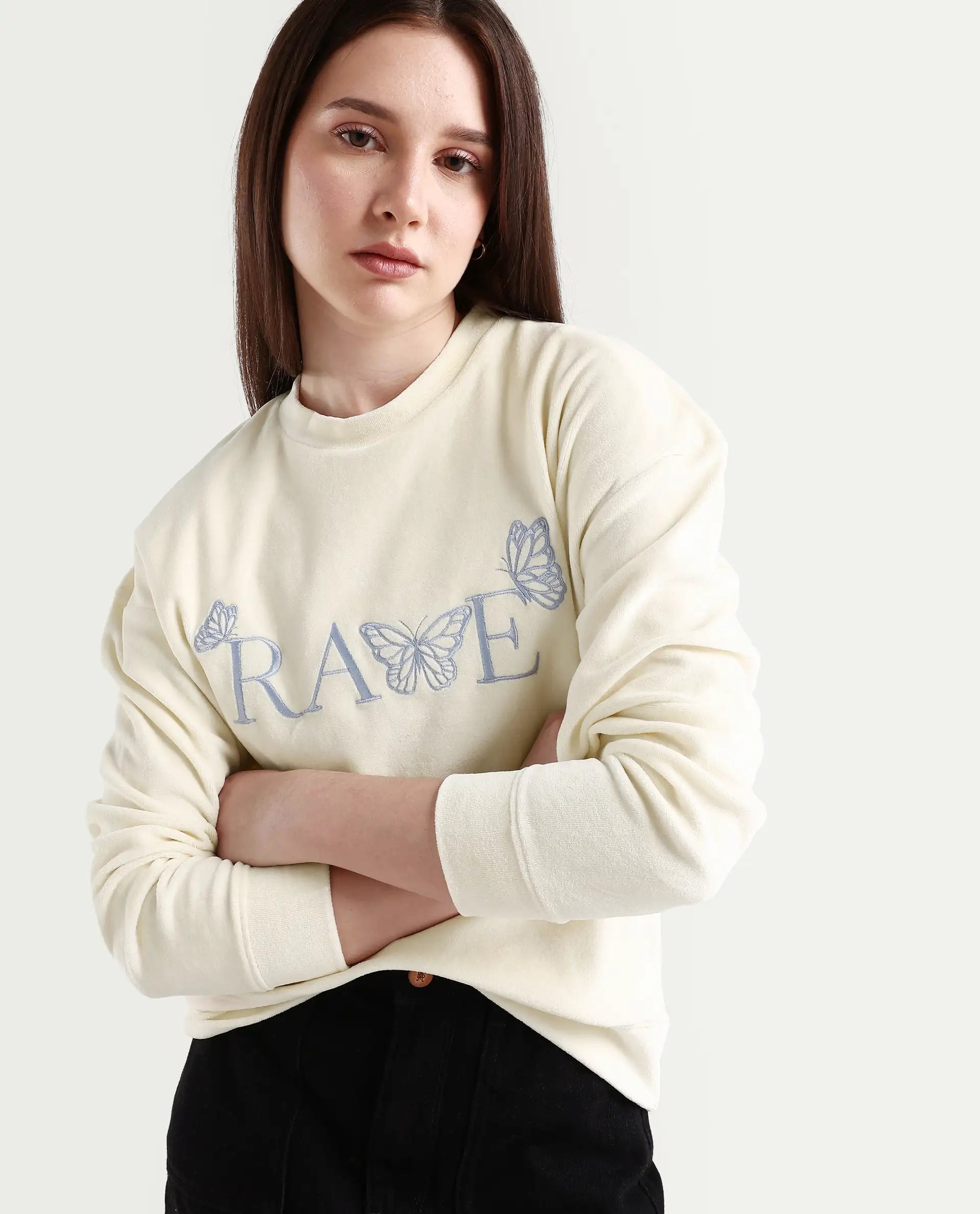 Rareism Women's Elwes Beige Polyester Blend Crew Neck Graphic Print Regular Fit Sweatshirt