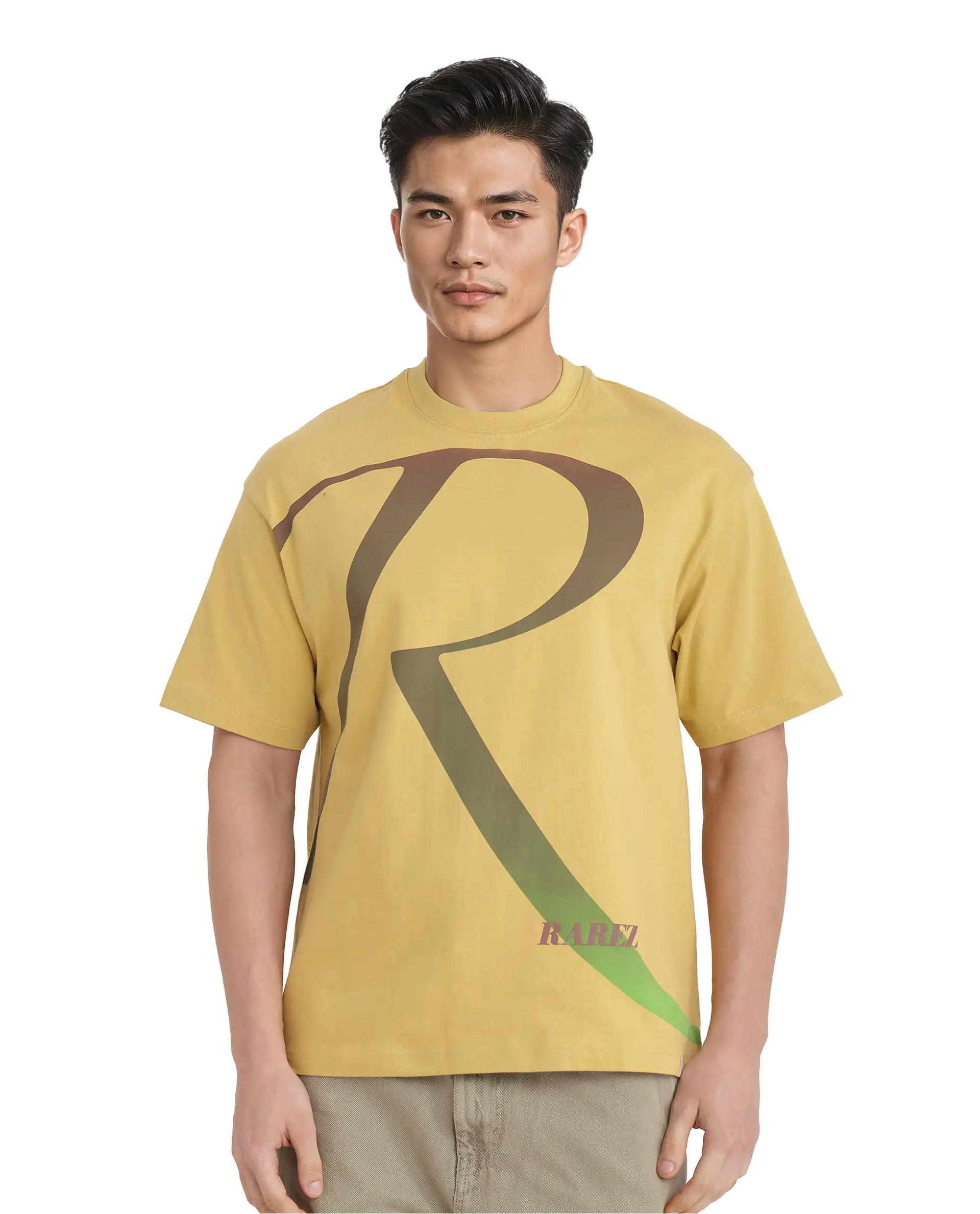 Rare Rabbit Men Elzo Mustard Cotton Fabric Short Sleeve Crew Neck Oversized Fit Ombre Logo Print T-Shirt