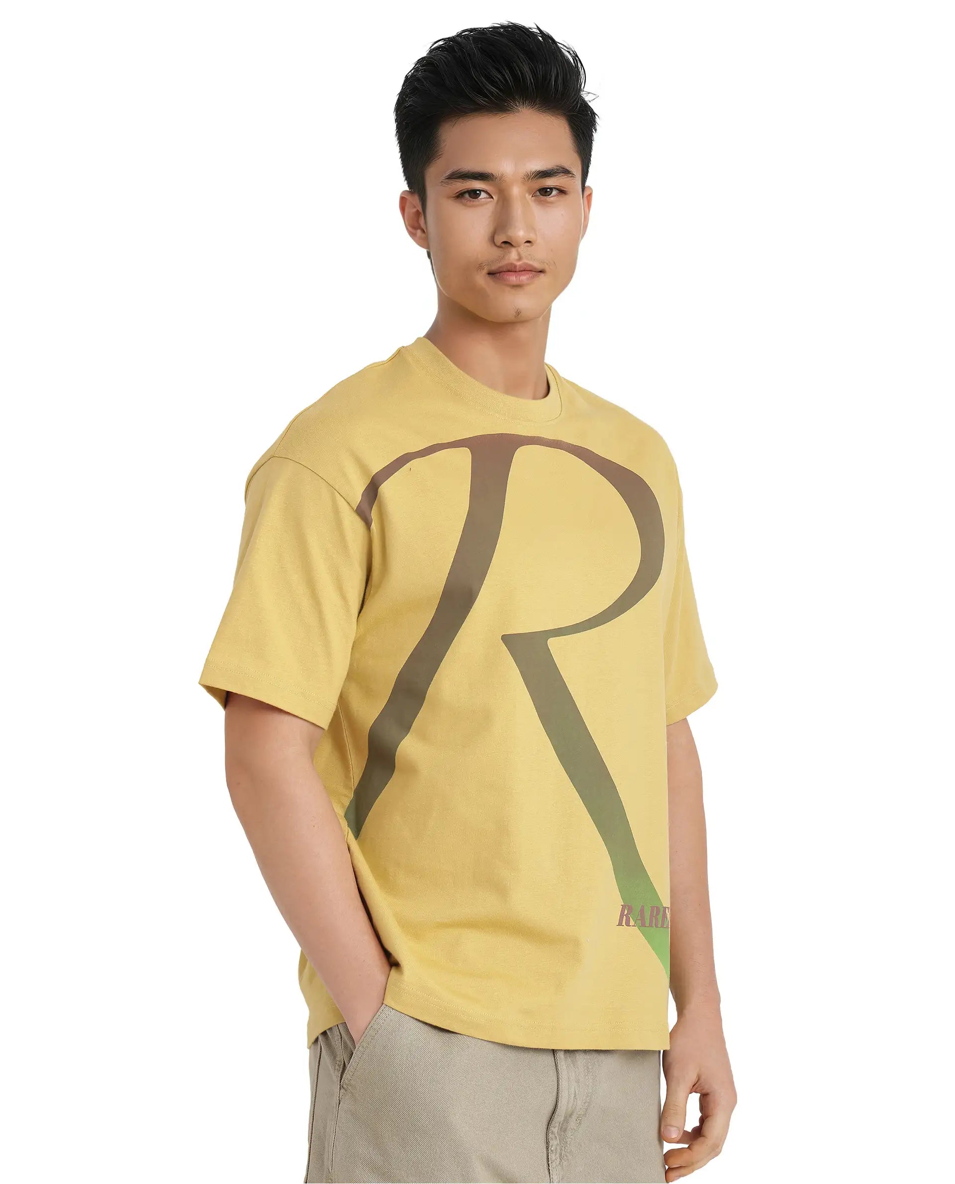 Rare Rabbit Men Elzo Mustard Cotton Fabric Short Sleeve Crew Neck Oversized Fit Ombre Logo Print T-Shirt