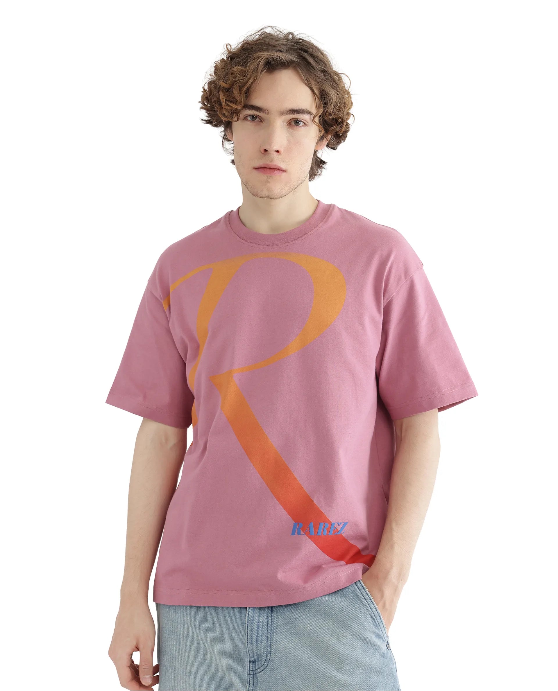 Rare Rabbit Men Elzo Pink Cotton Fabric Short Sleeve Crew Neck Oversized Fit Typographic Ombre T-Shirt