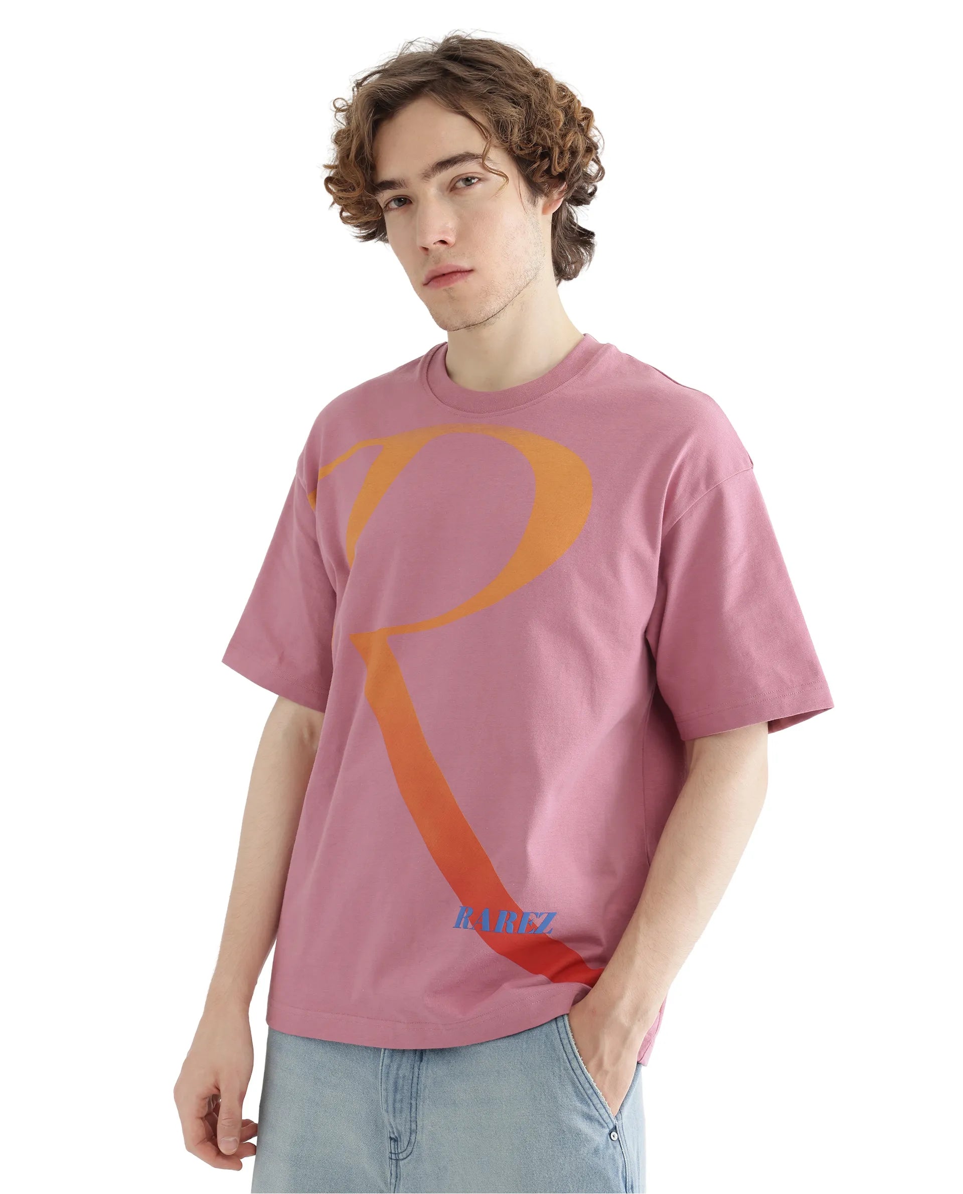 Rare Rabbit Men Elzo Pink Cotton Fabric Short Sleeve Crew Neck Oversized Fit Typographic Ombre T-Shirt