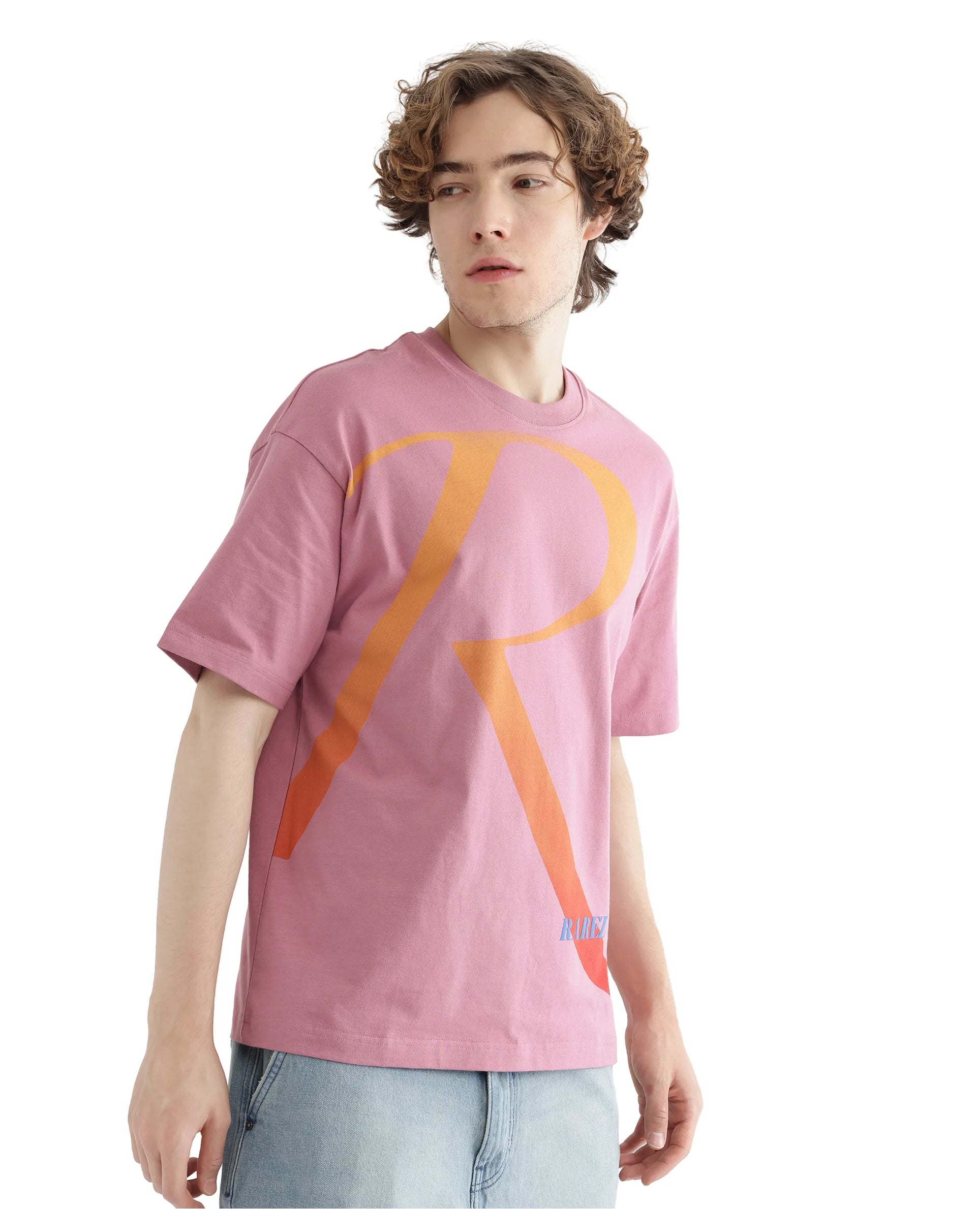 Rare Rabbit Men Elzo Pink Cotton Fabric Short Sleeve Crew Neck Oversized Fit Typographic Ombre T-Shirt