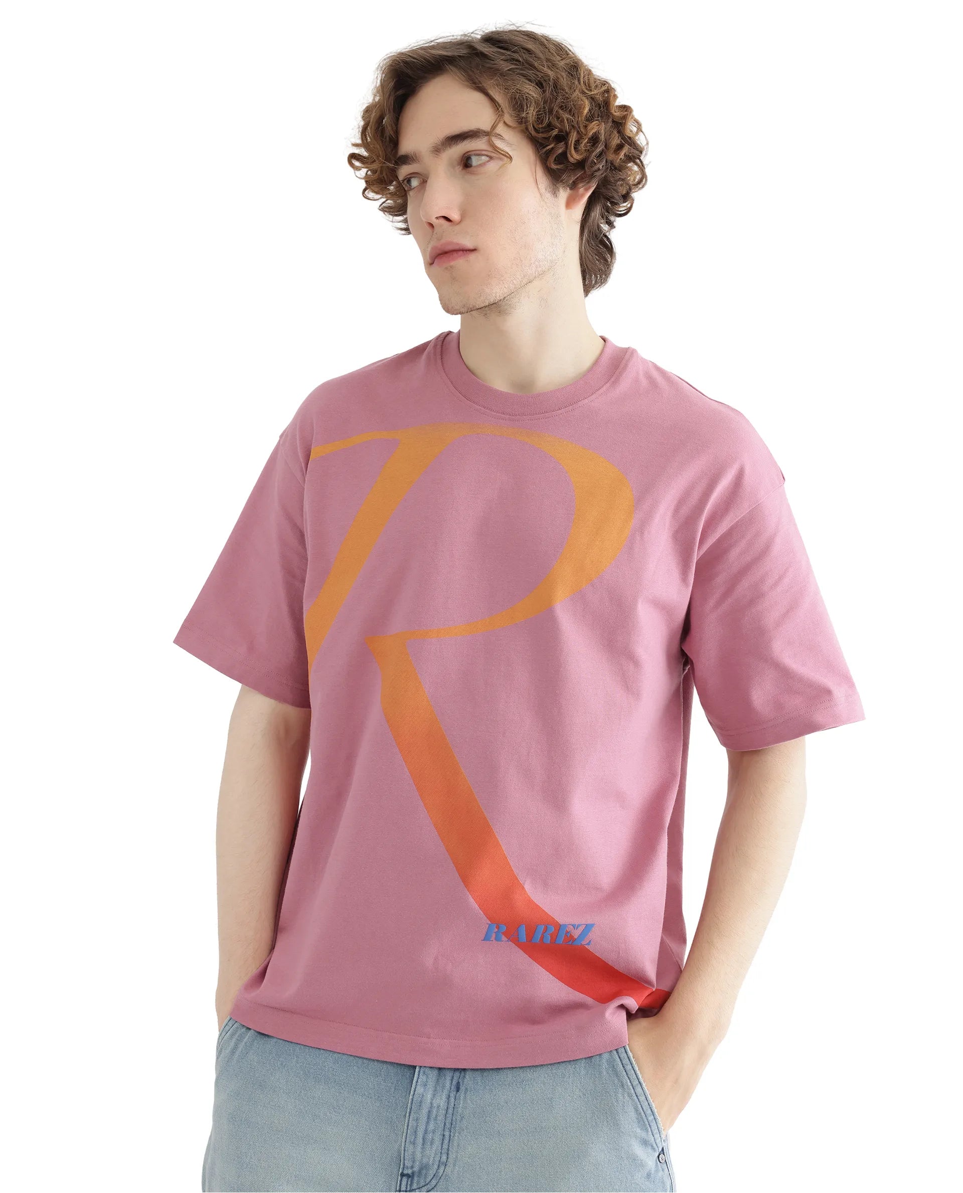 Rare Rabbit Men Elzo Pink Cotton Fabric Short Sleeve Crew Neck Oversized Fit Typographic Ombre T-Shirt