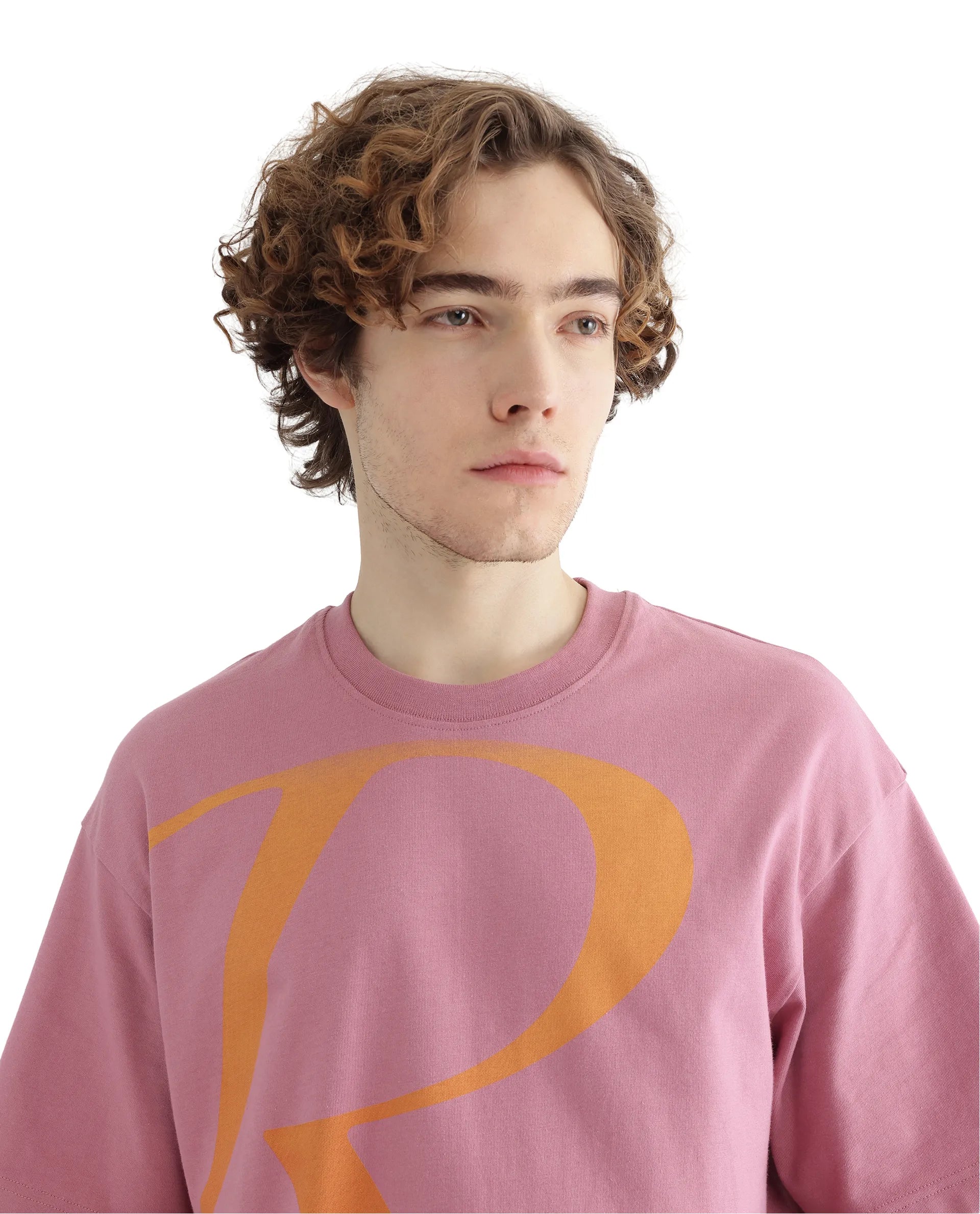 Rare Rabbit Men Elzo Pink Cotton Fabric Short Sleeve Crew Neck Oversized Fit Typographic Ombre T-Shirt