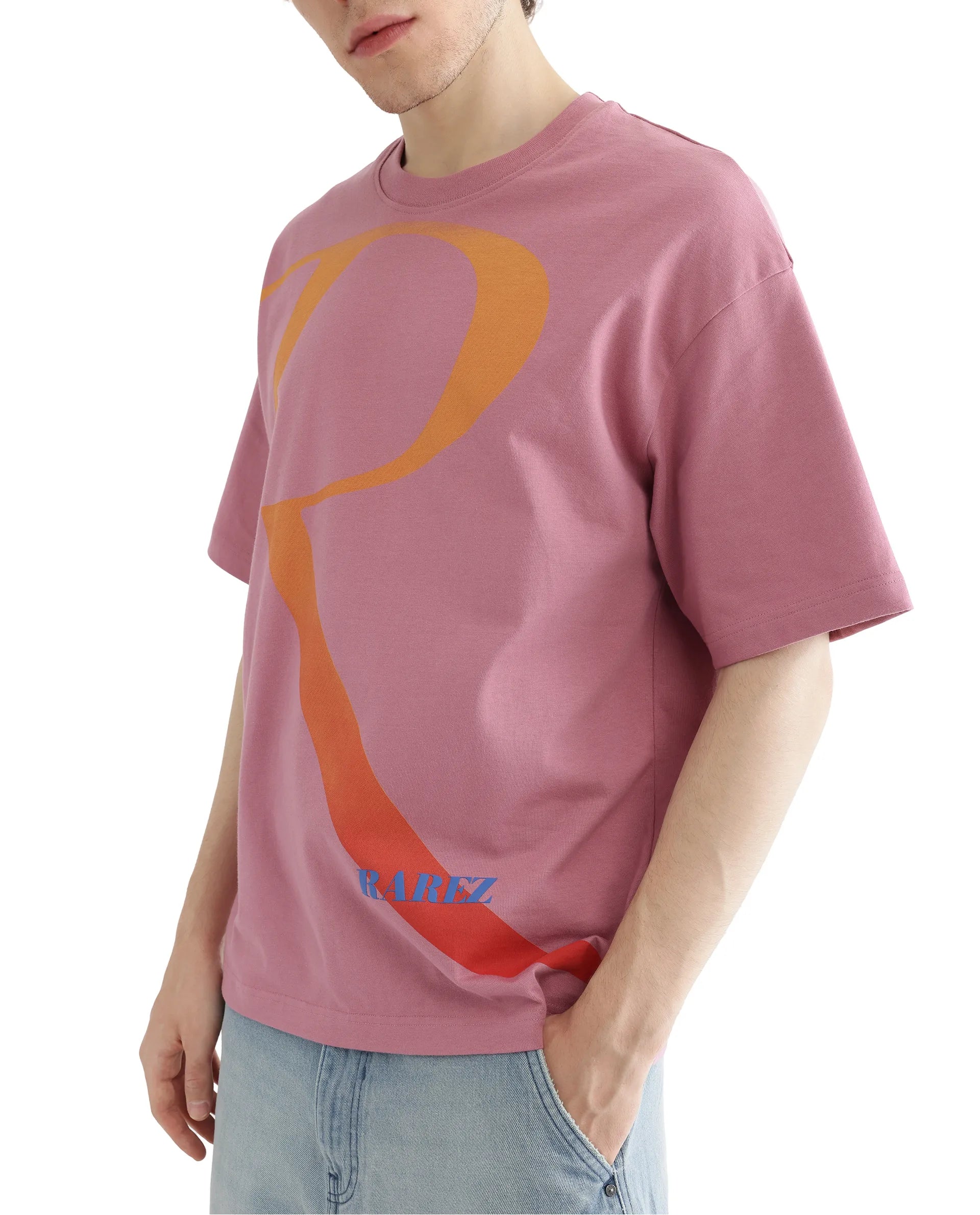 Rare Rabbit Men Elzo Pink Cotton Fabric Short Sleeve Crew Neck Oversized Fit Typographic Ombre T-Shirt