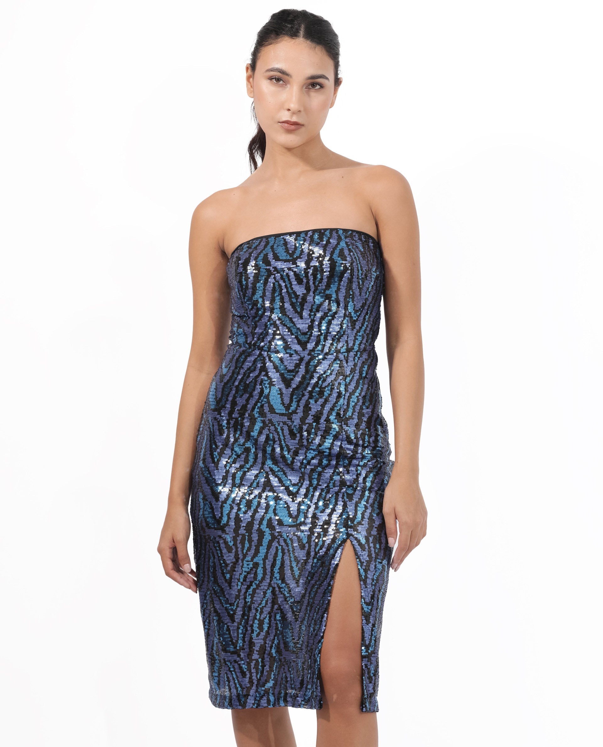 Rareism Women's Elica Sheen Multi Polyester Fabric Tube Neck Sequined Bodycon Midi Dress