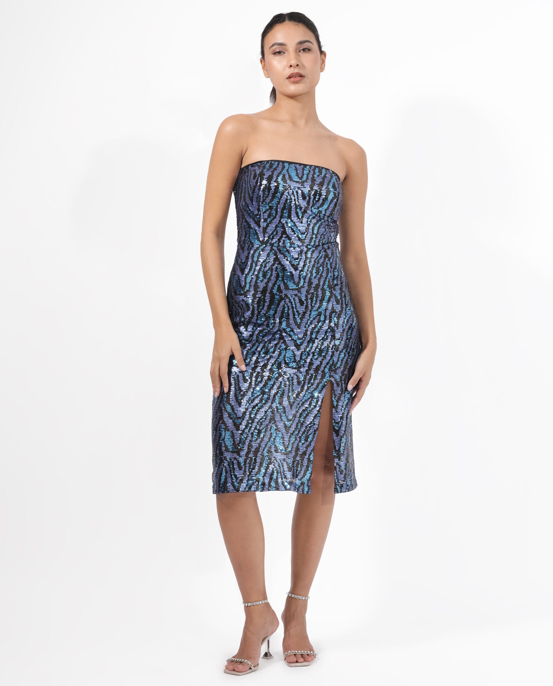 Rareism Women's Elica Sheen Multi Polyester Fabric Tube Neck Sequined Bodycon Midi Dress