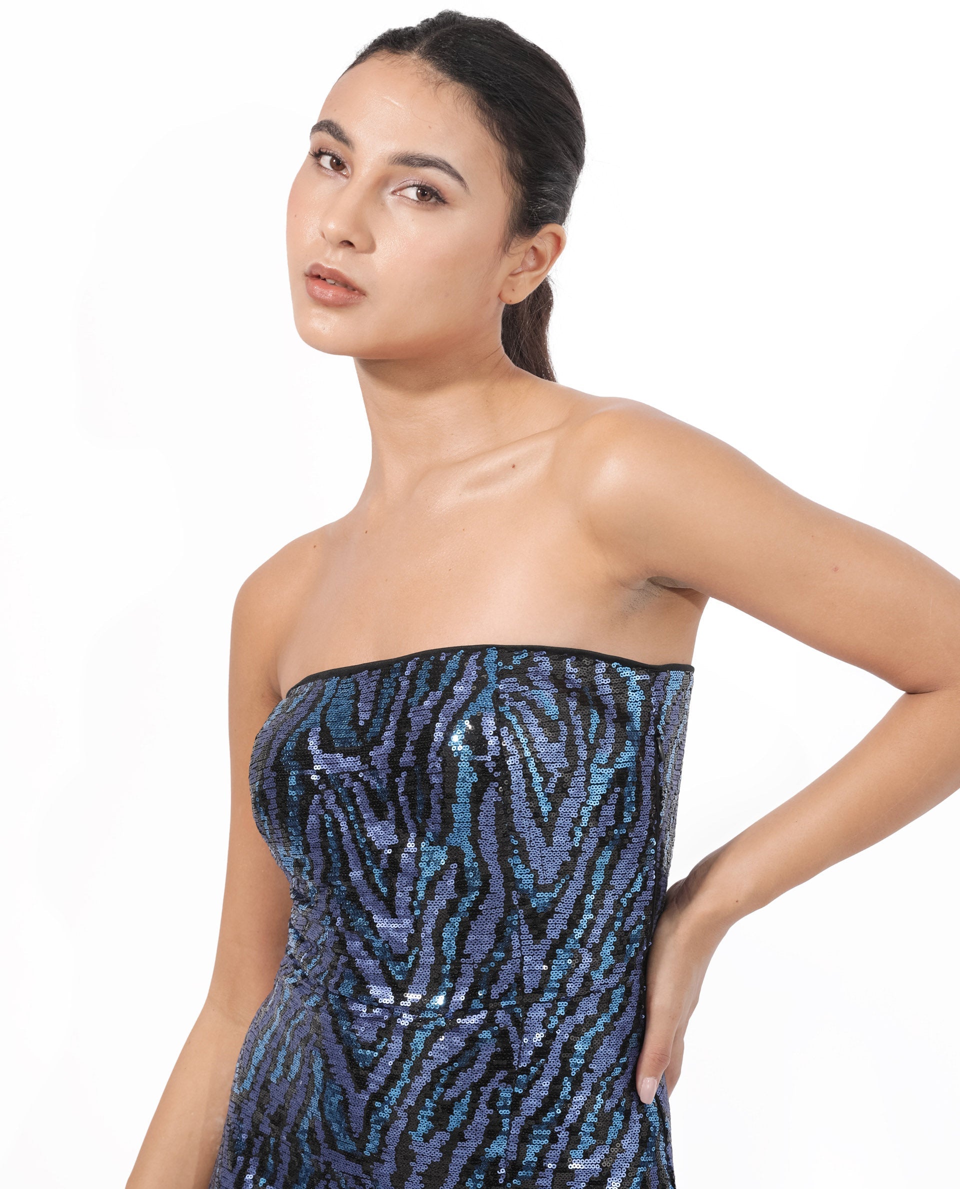 Rareism Women's Elica Sheen Multi Polyester Fabric Tube Neck Sequined Bodycon Midi Dress